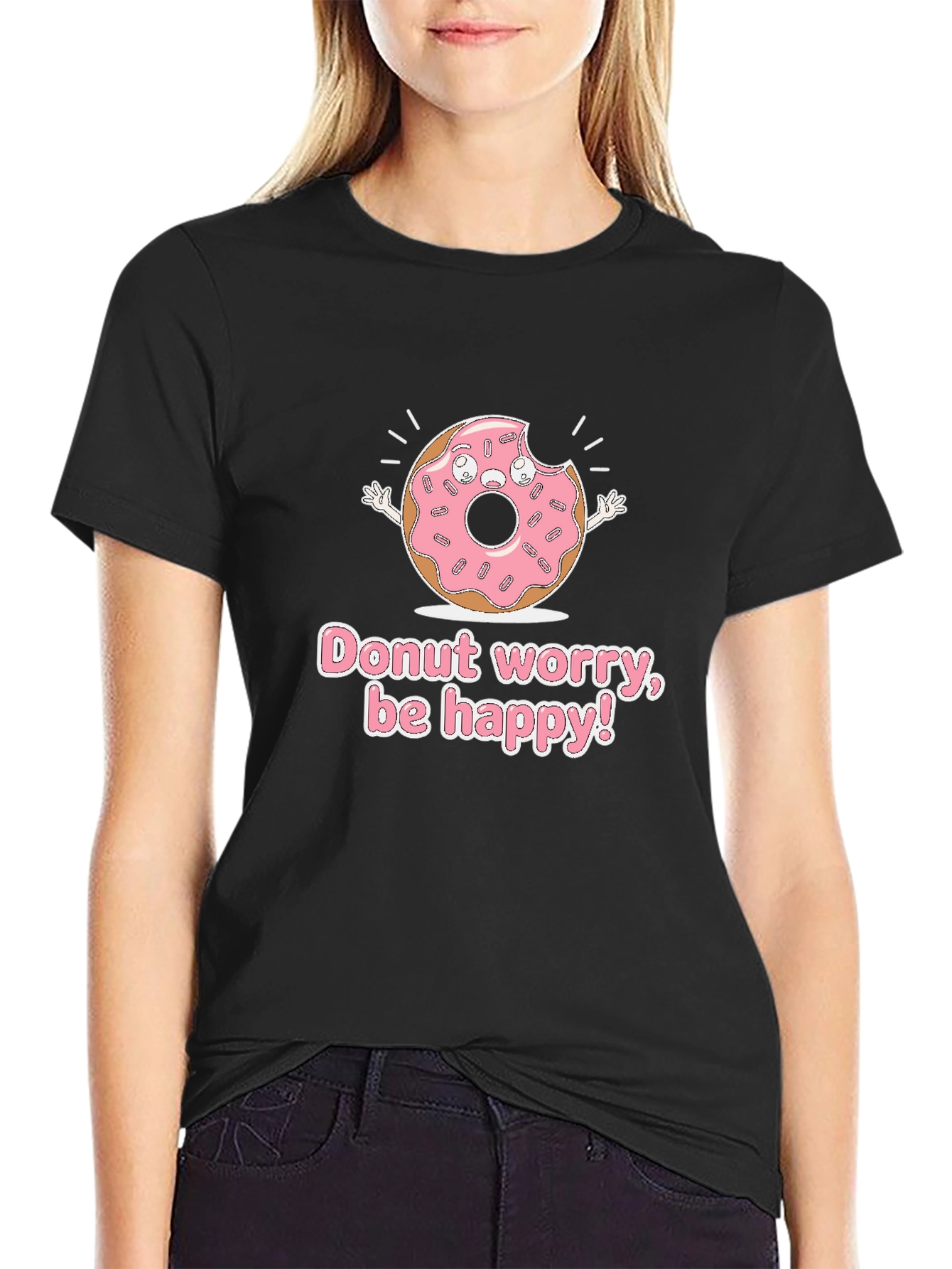 Black Donut Worry Be Happy Graphic T-Shirt view 2