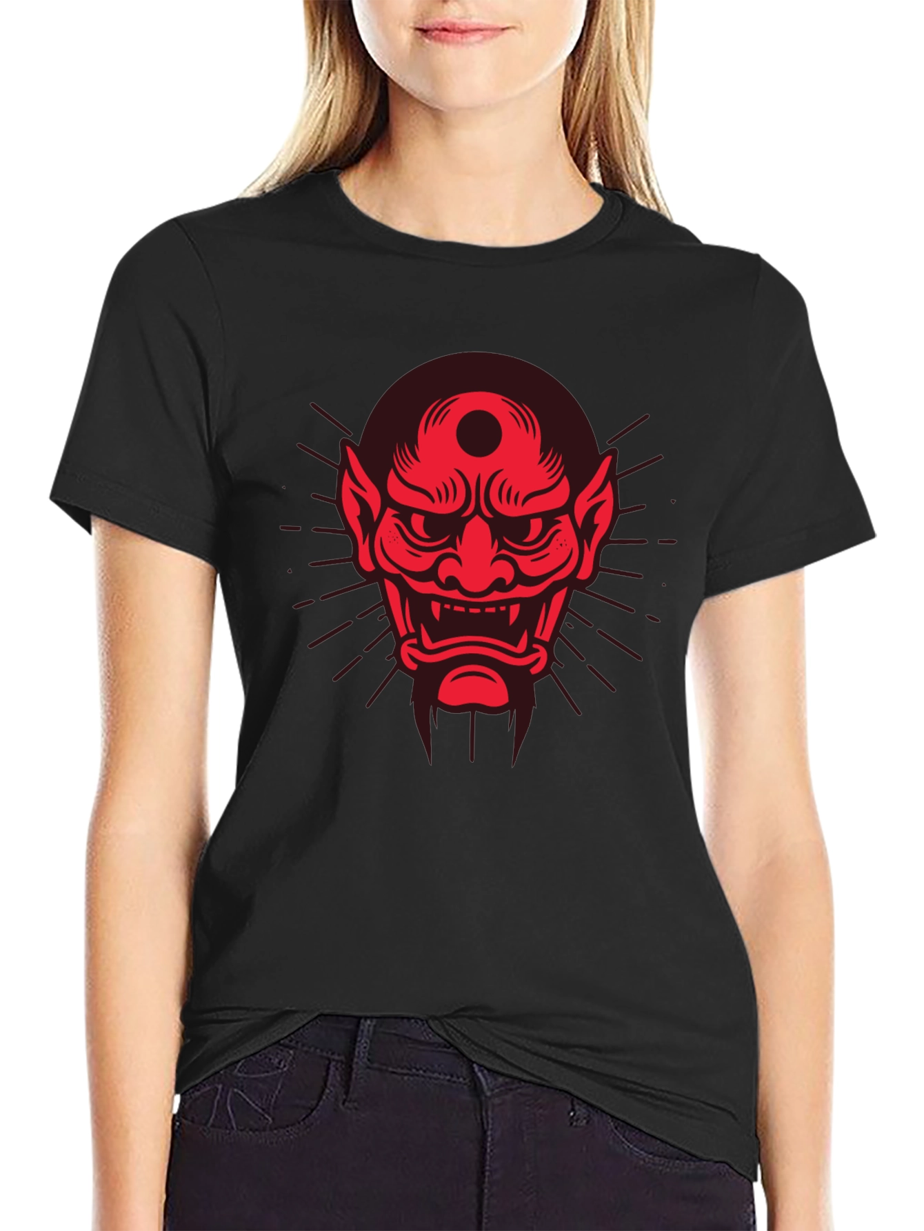 Black Men's Black T-Shirt with Red Oni Mask Design view 2