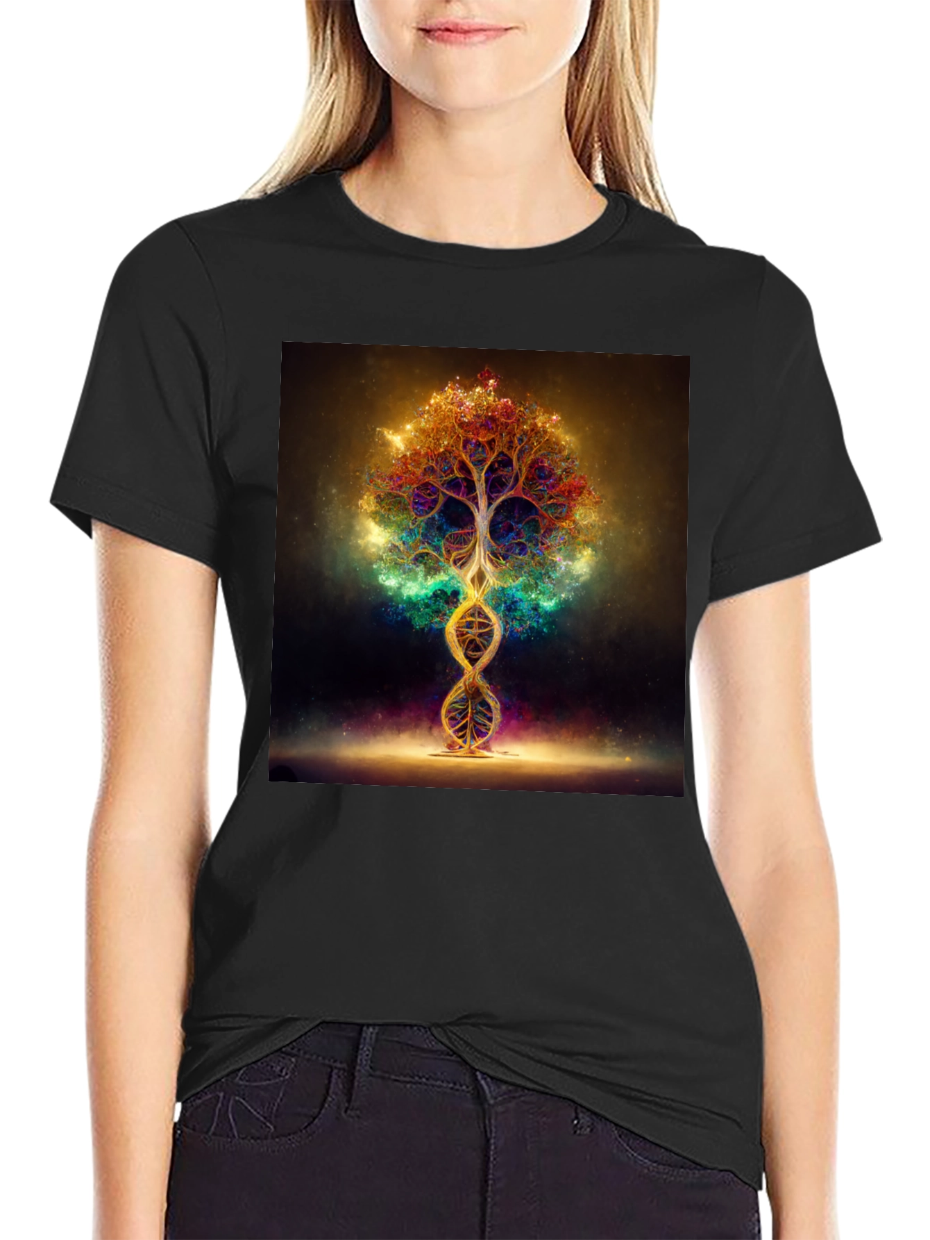 Black Cosmic Tree DNA T-Shirt - Vibrant Design view 2