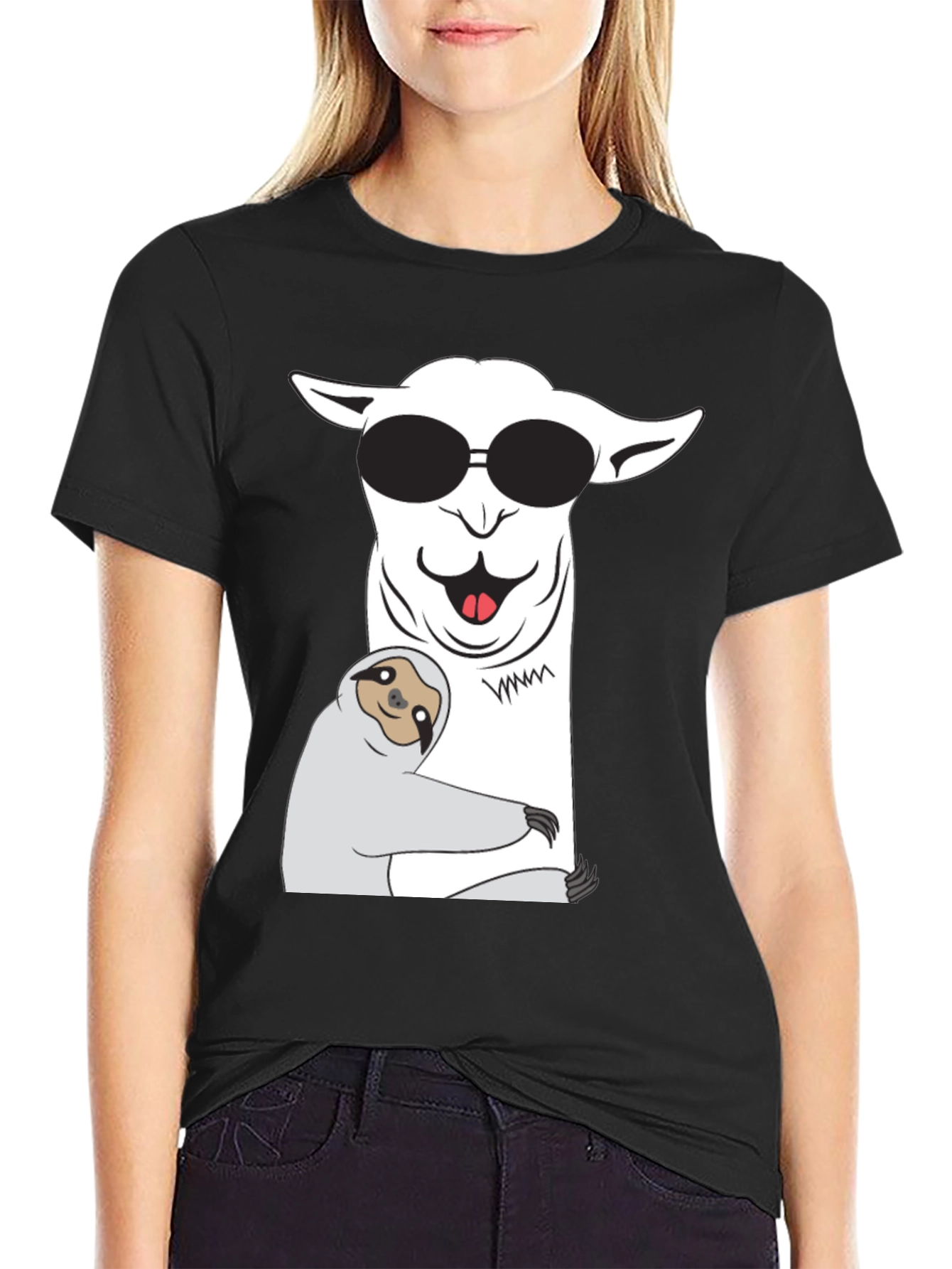Black Cool Llama & Sloth T-Shirt - Funny Graphic Tee view 2