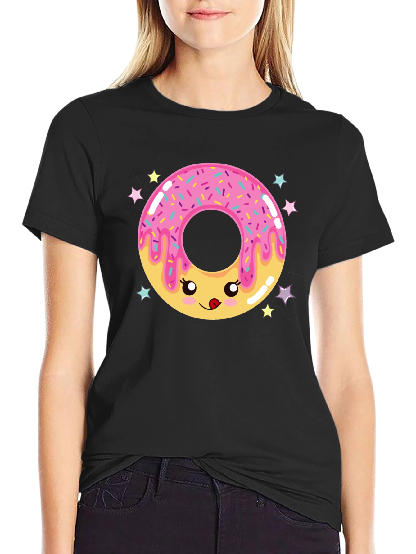Black Kawaii Donut Graphic Tee - Black Cotton Comfort view 2