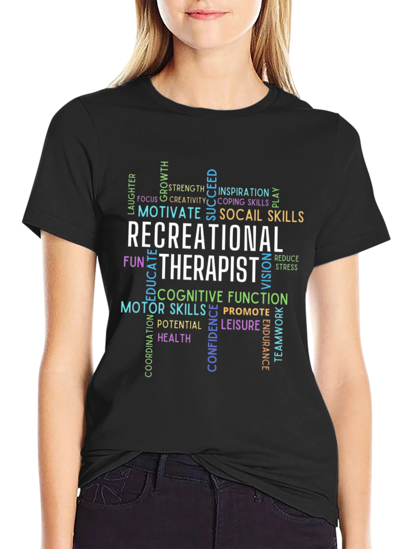 Black Recreational Therapist Word Art Graphic T-Shirt view 2