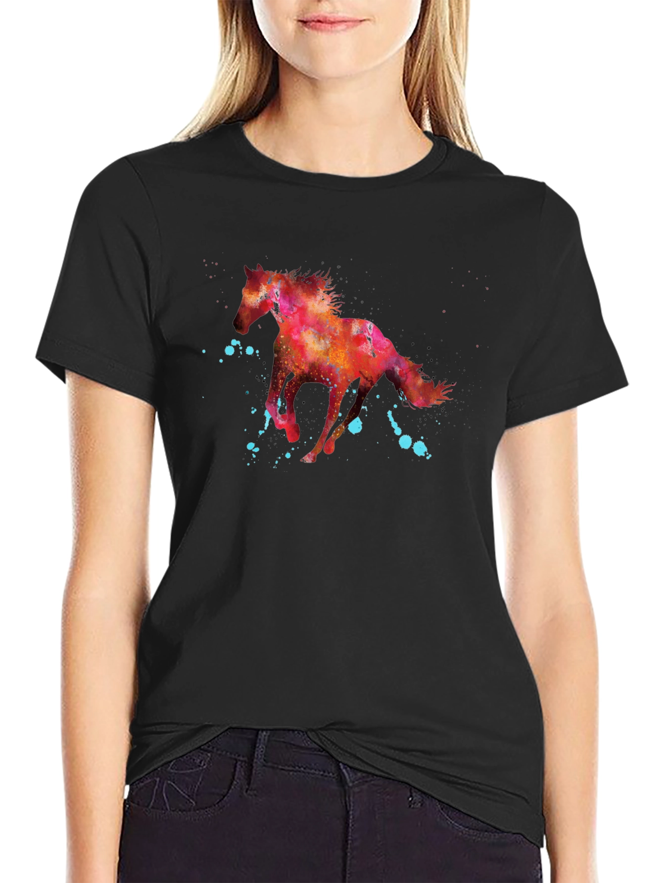 Black Watercolor Horse Graphic T-Shirt view 2