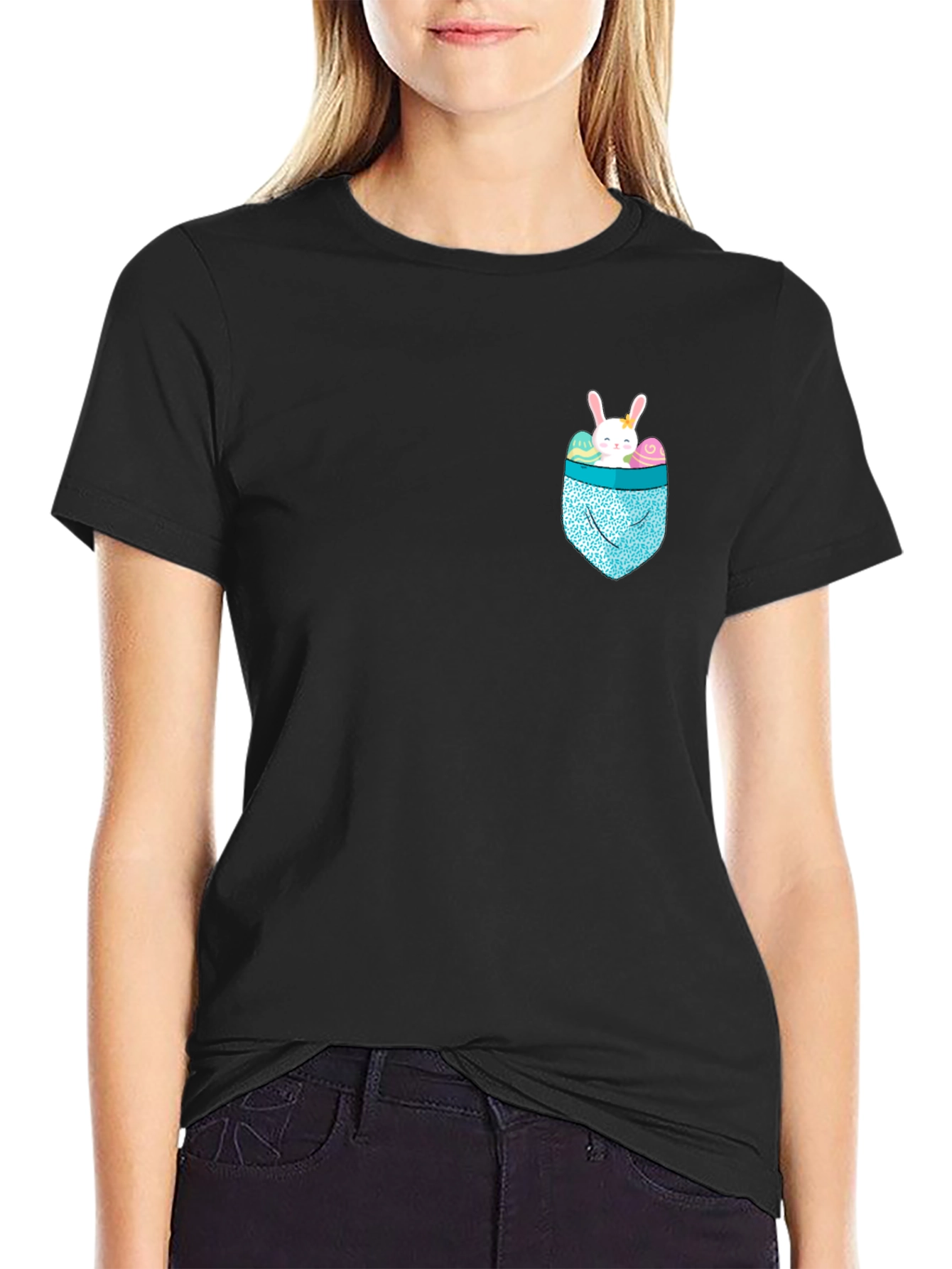 Black Bunny Pocket Easter T-Shirt - Cute Holiday Apparel view 2