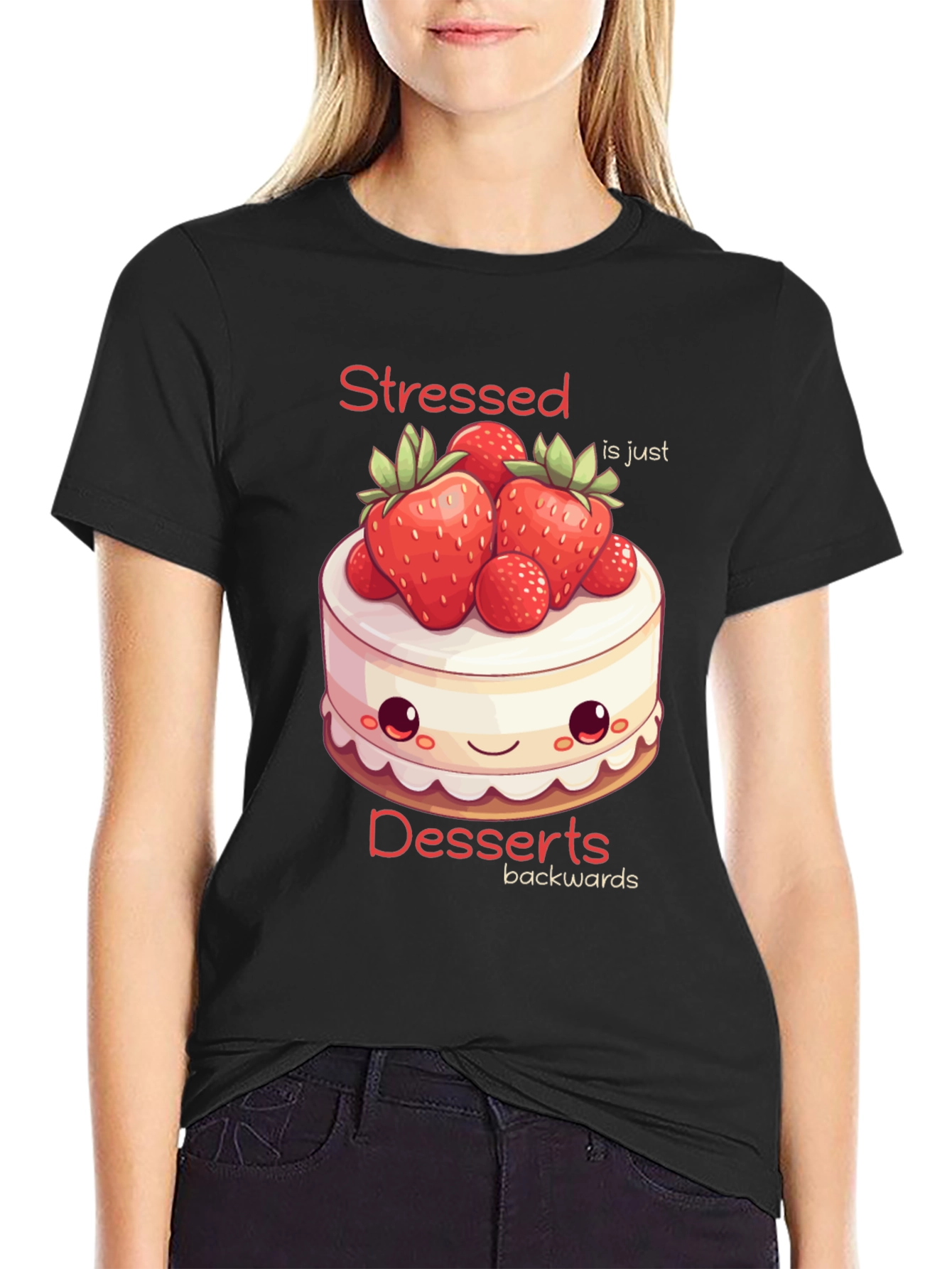 Black Stressed is Desserts Backwards T-Shirt view 2