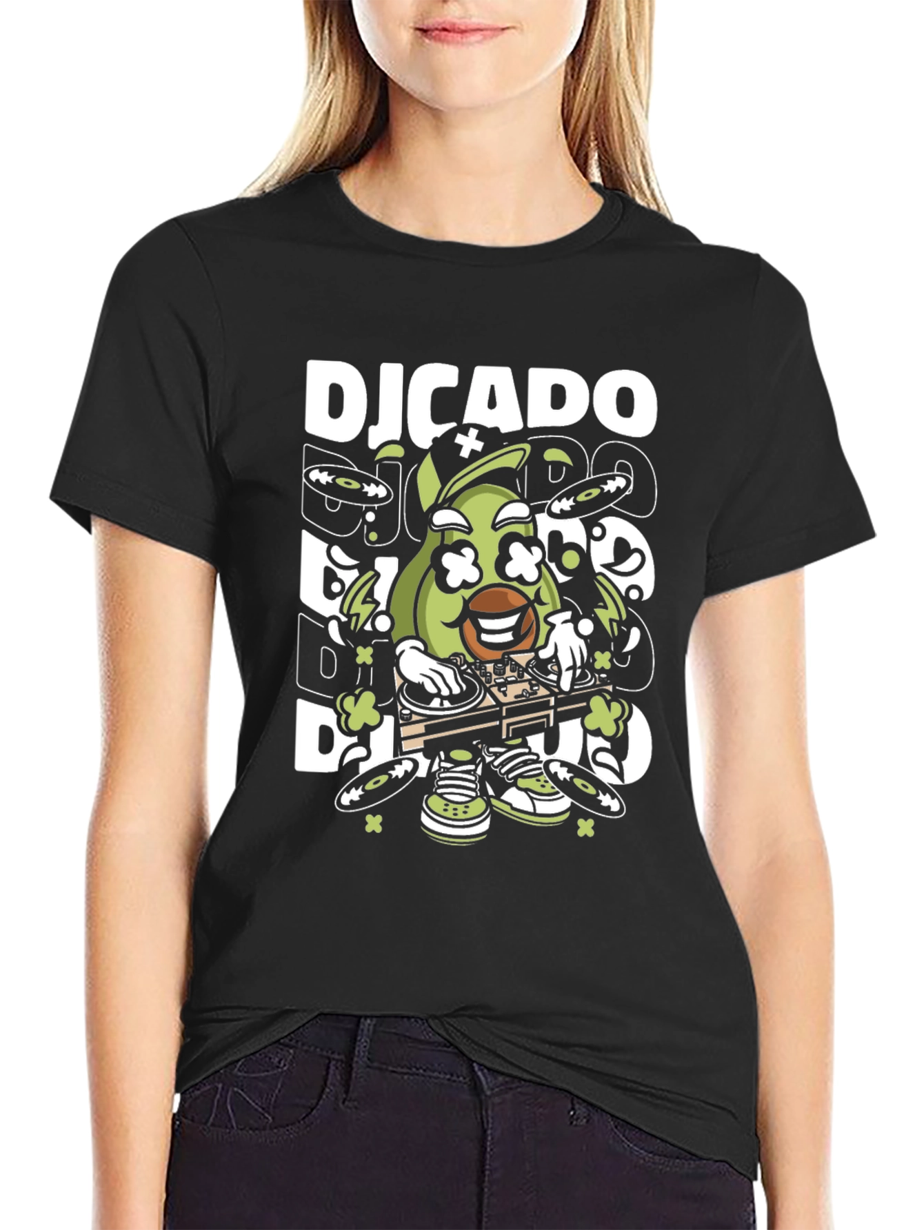 Black DJ Avocado Graphic T-Shirt - Cool Fruit DJ Design view 2