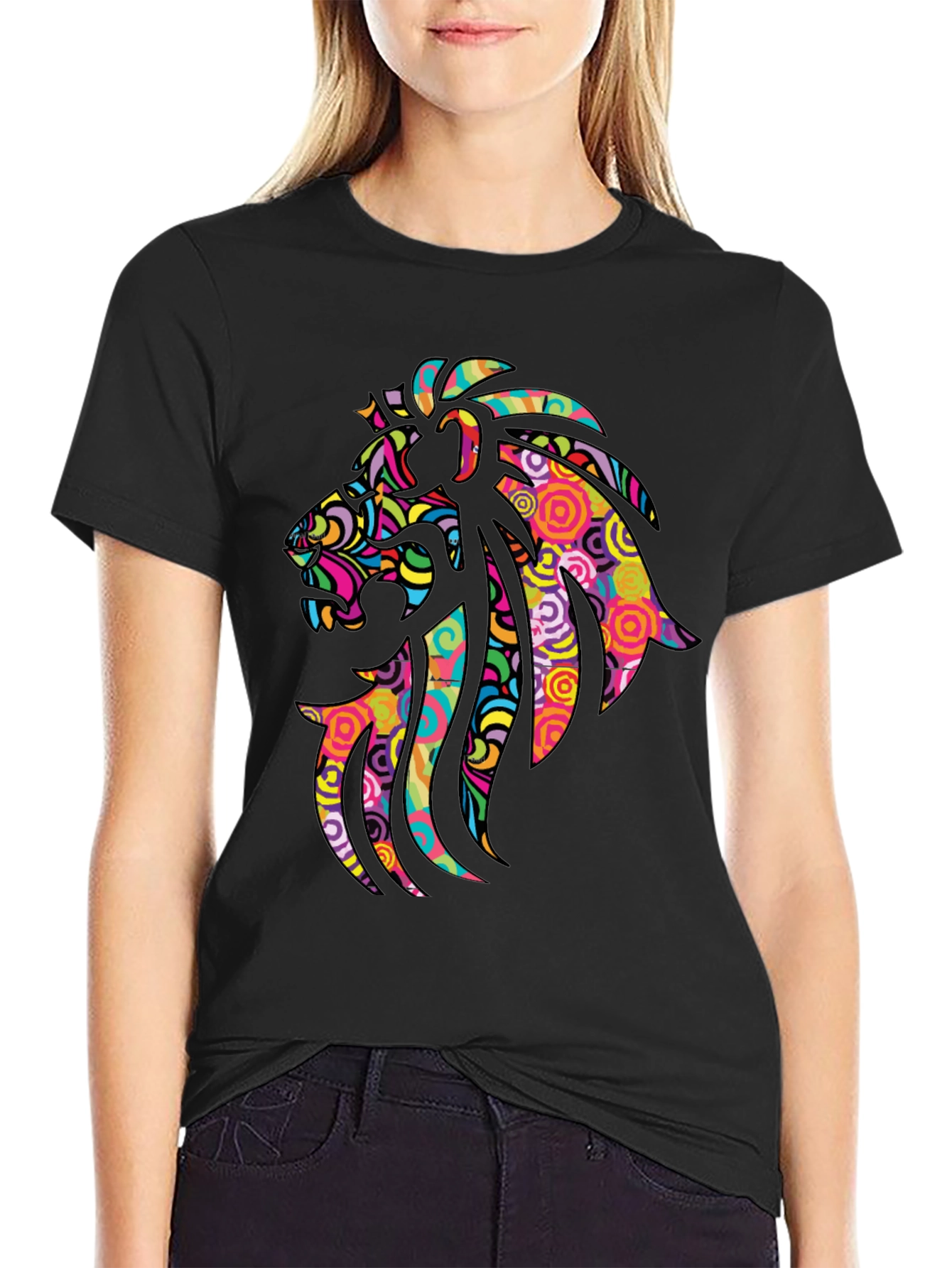 Black Psychedelic Lion Graphic Black T-Shirt view 2