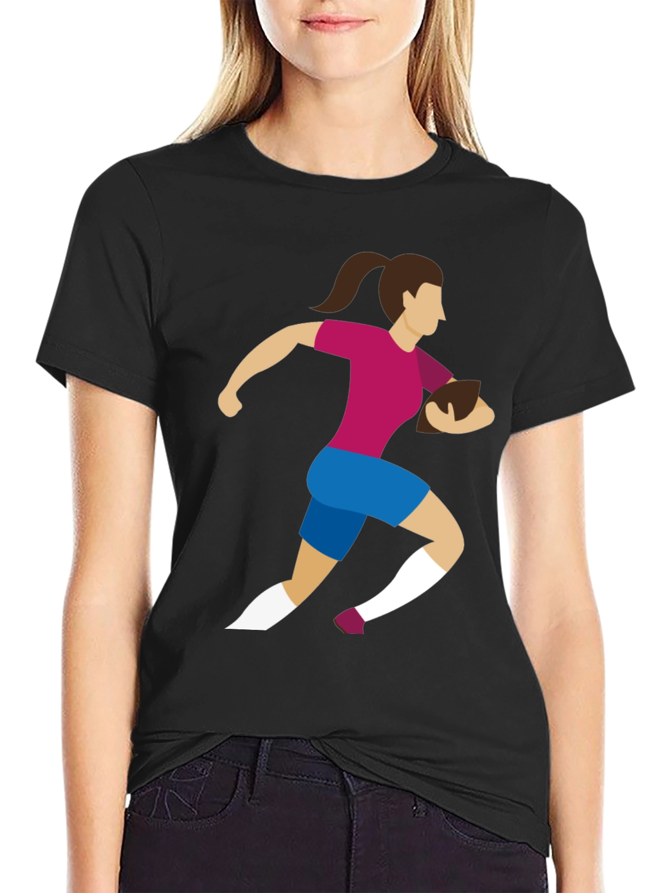 Black Rugby Girl Graphic Tee - Black Cotton Casual T-Shirt view 2