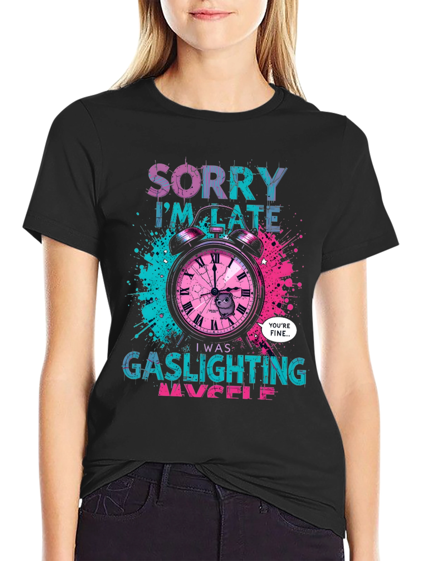 Black Sorry I'm Late Gaslighting Myself T-Shirt view 2