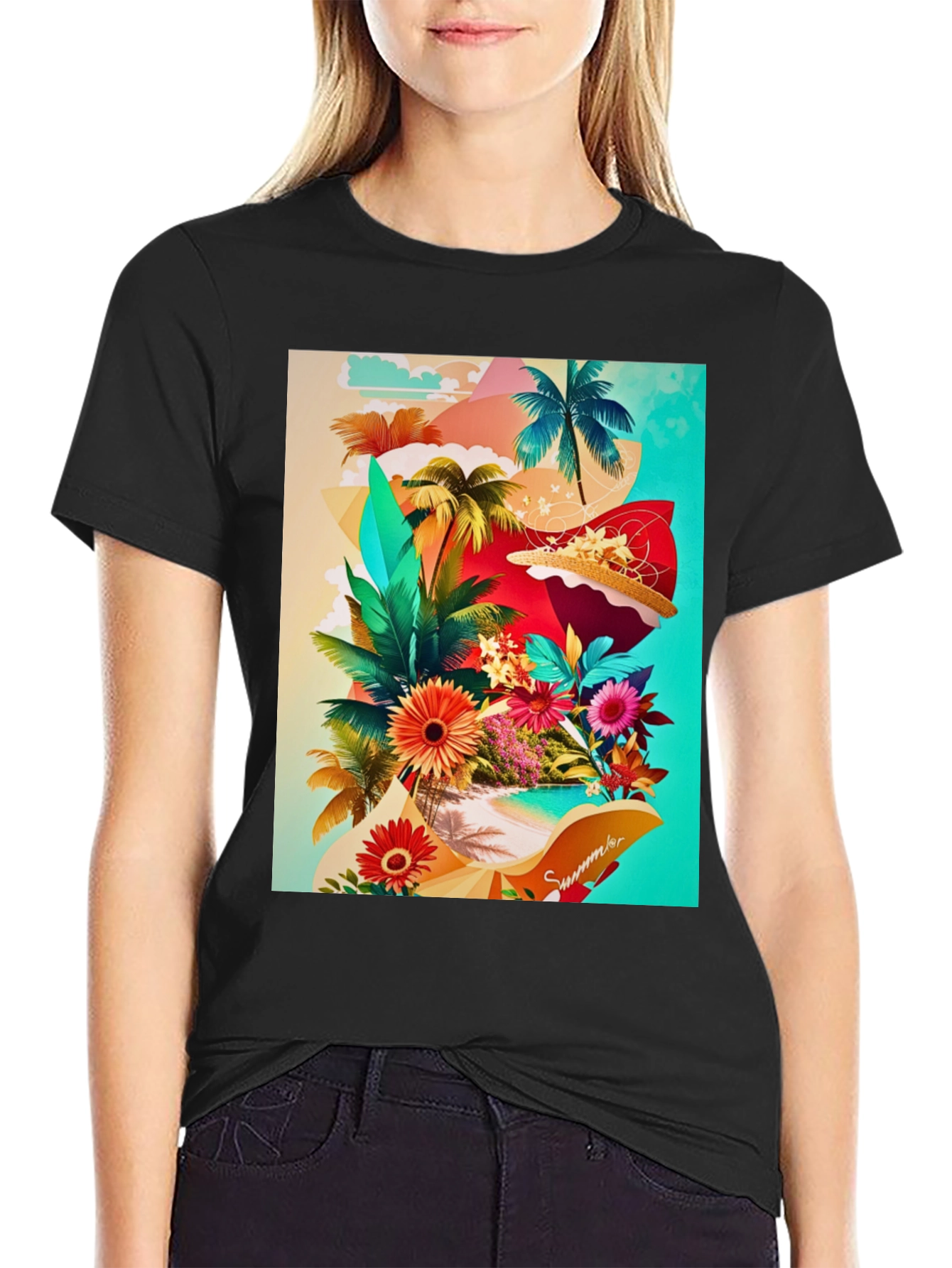 Black Tropical Summer Graphic T-Shirt view 2