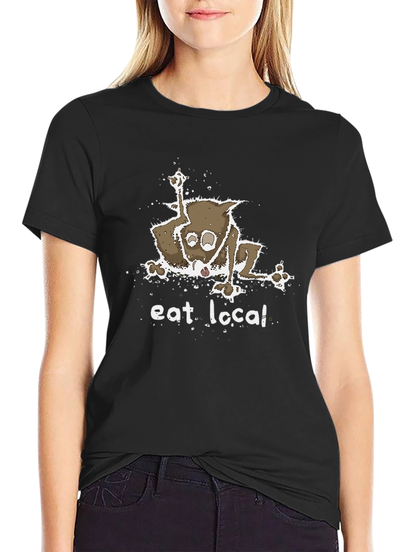 Black Eat Local T-Shirt - Funny Opossum Design view 2