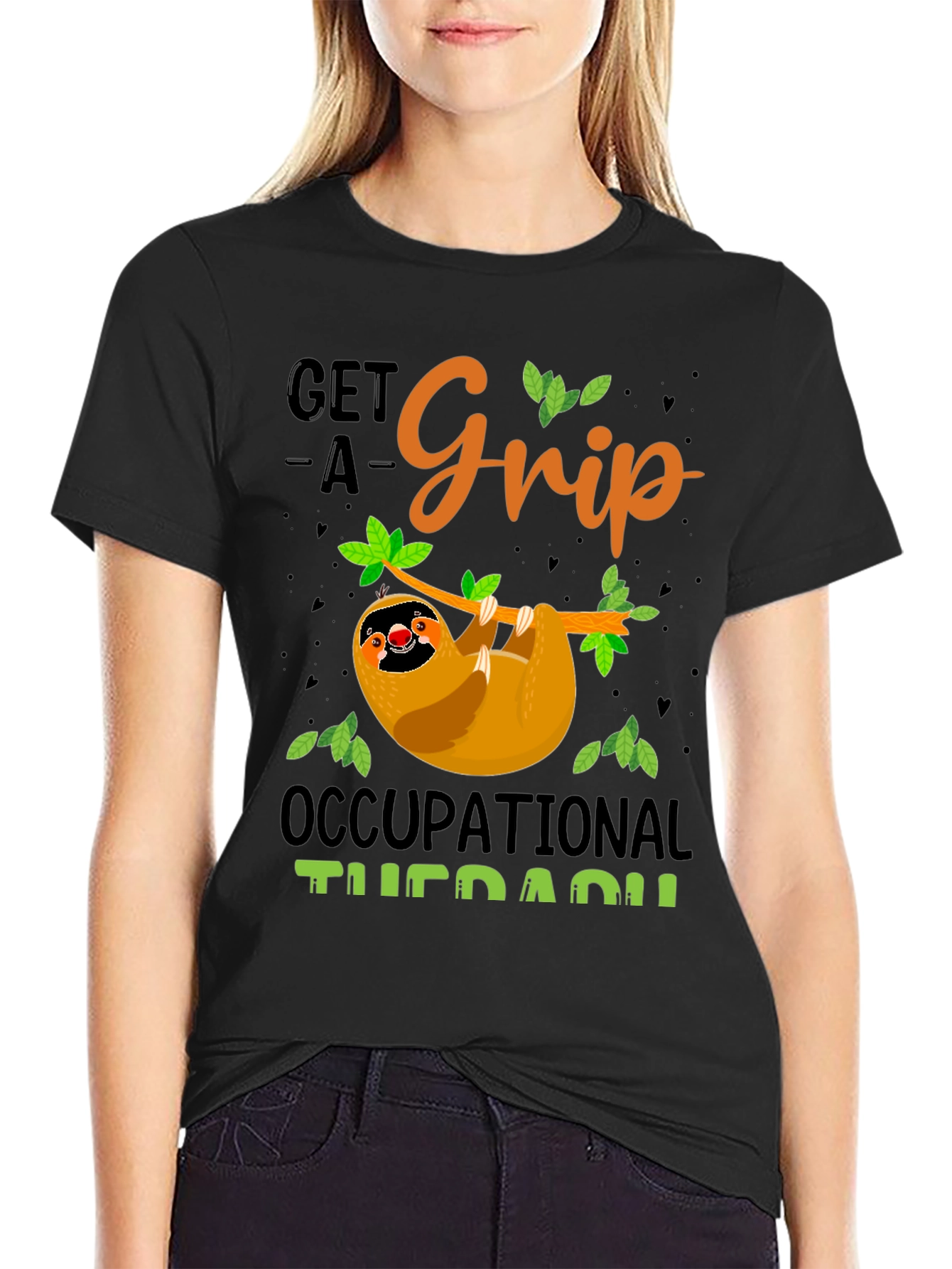Black Get A Grip Occupational Therapy Sloth T-Shirt view 2