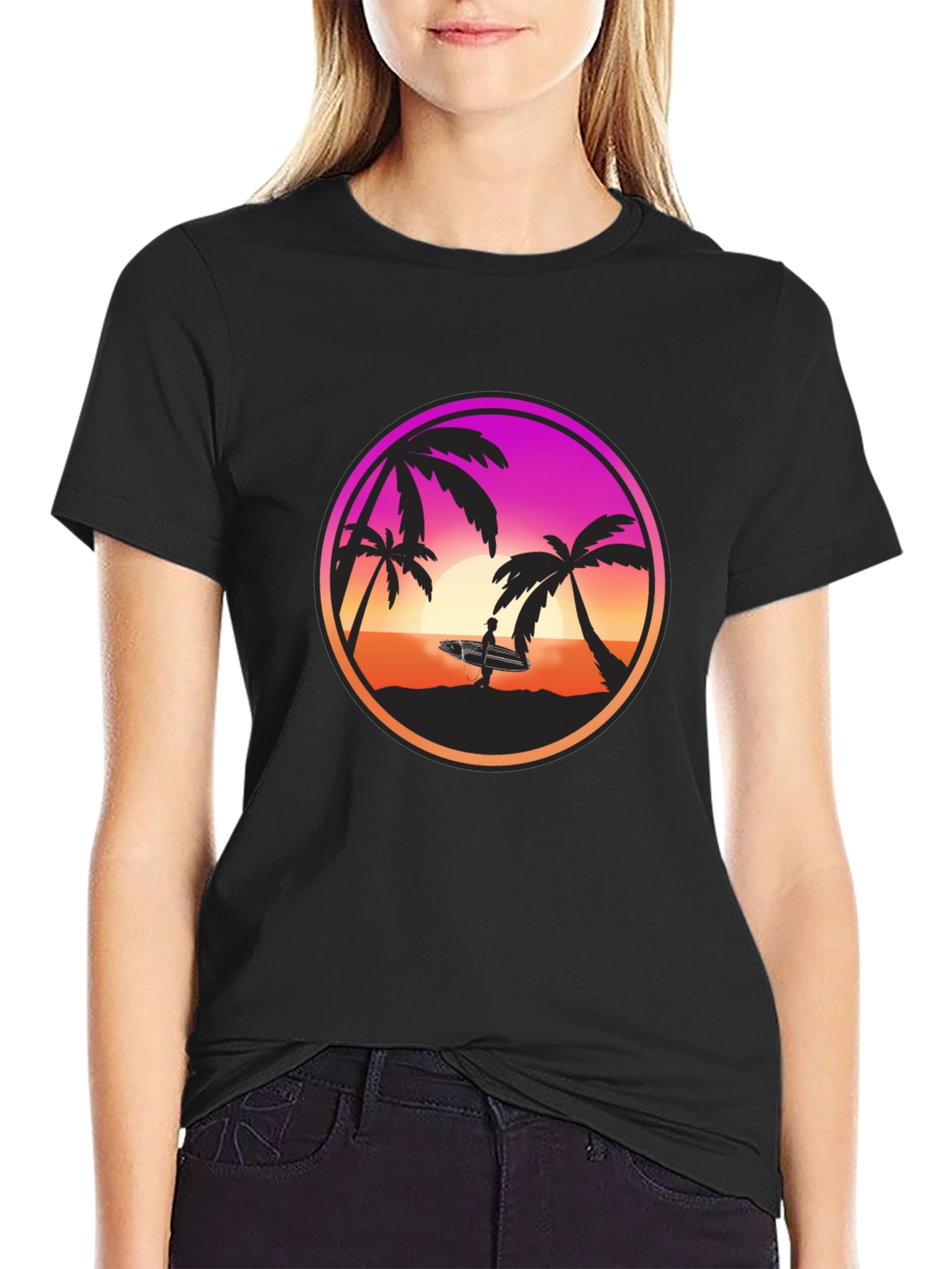 Black Sunset Surfer Graphic Tee - Black Cotton Blend view 2