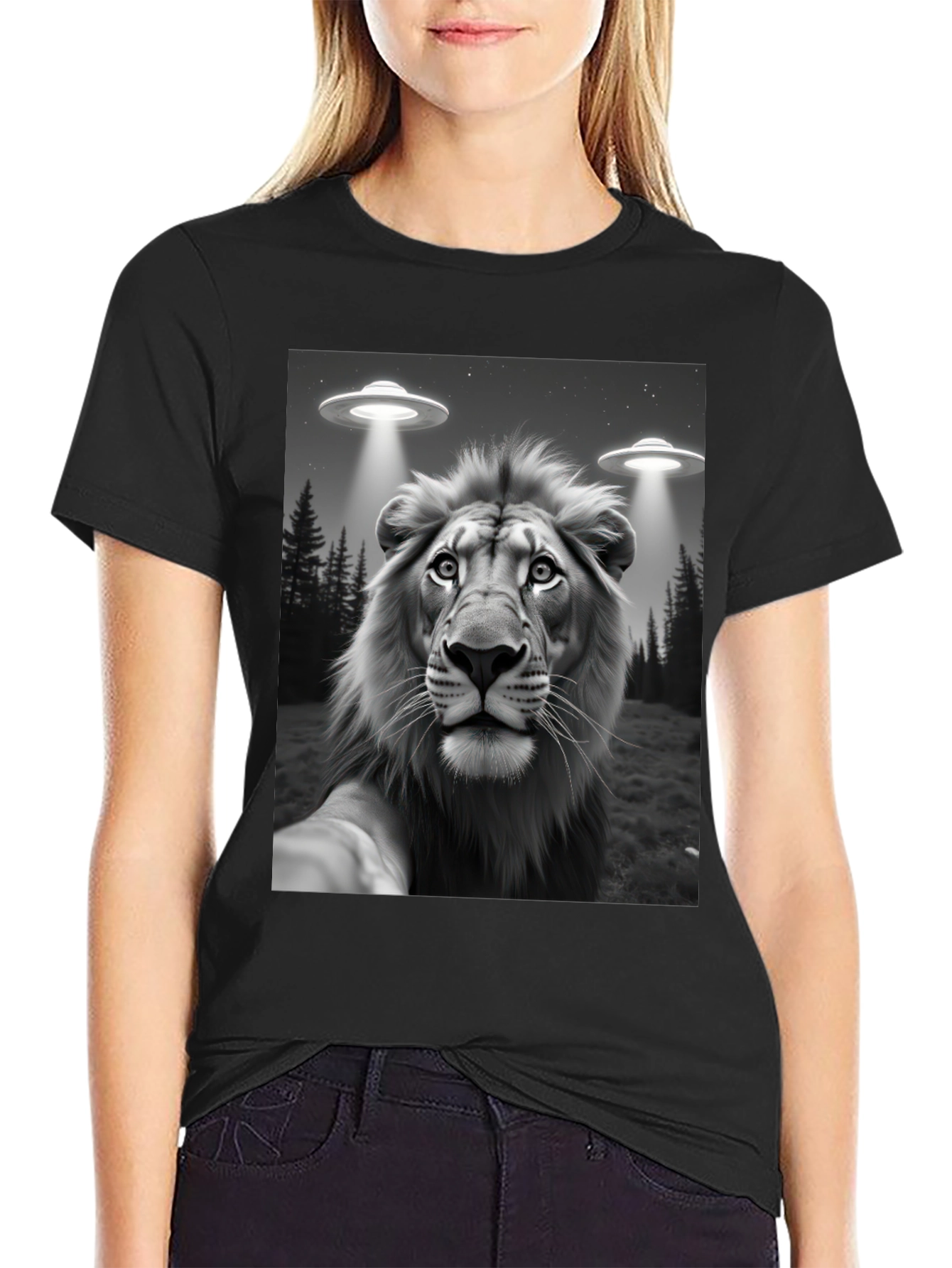 Black Lion Selfie UFO Abduction Graphic Tee view 2