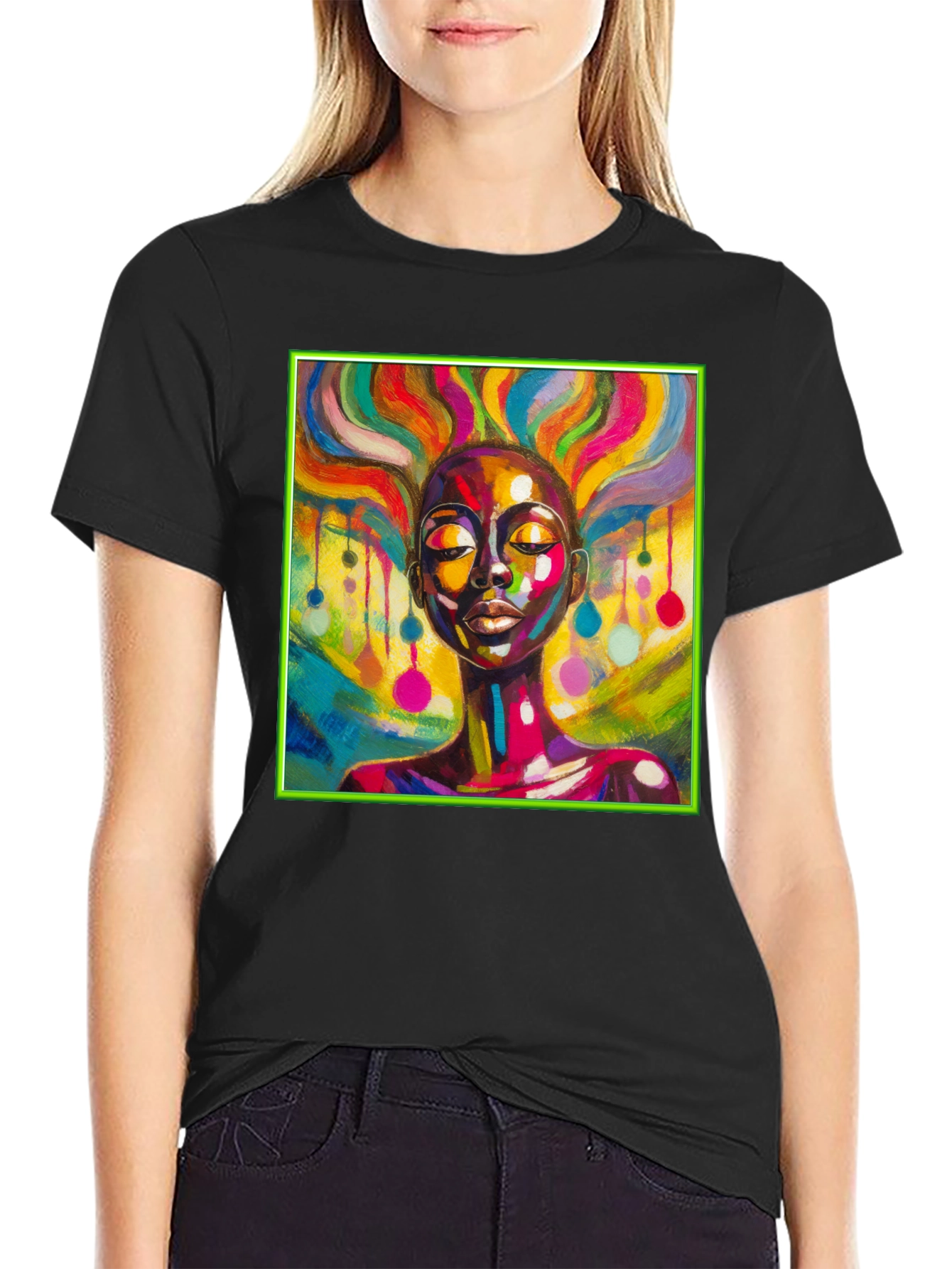 Black Vibrant Art T-Shirt: Colorful Woman Design view 2