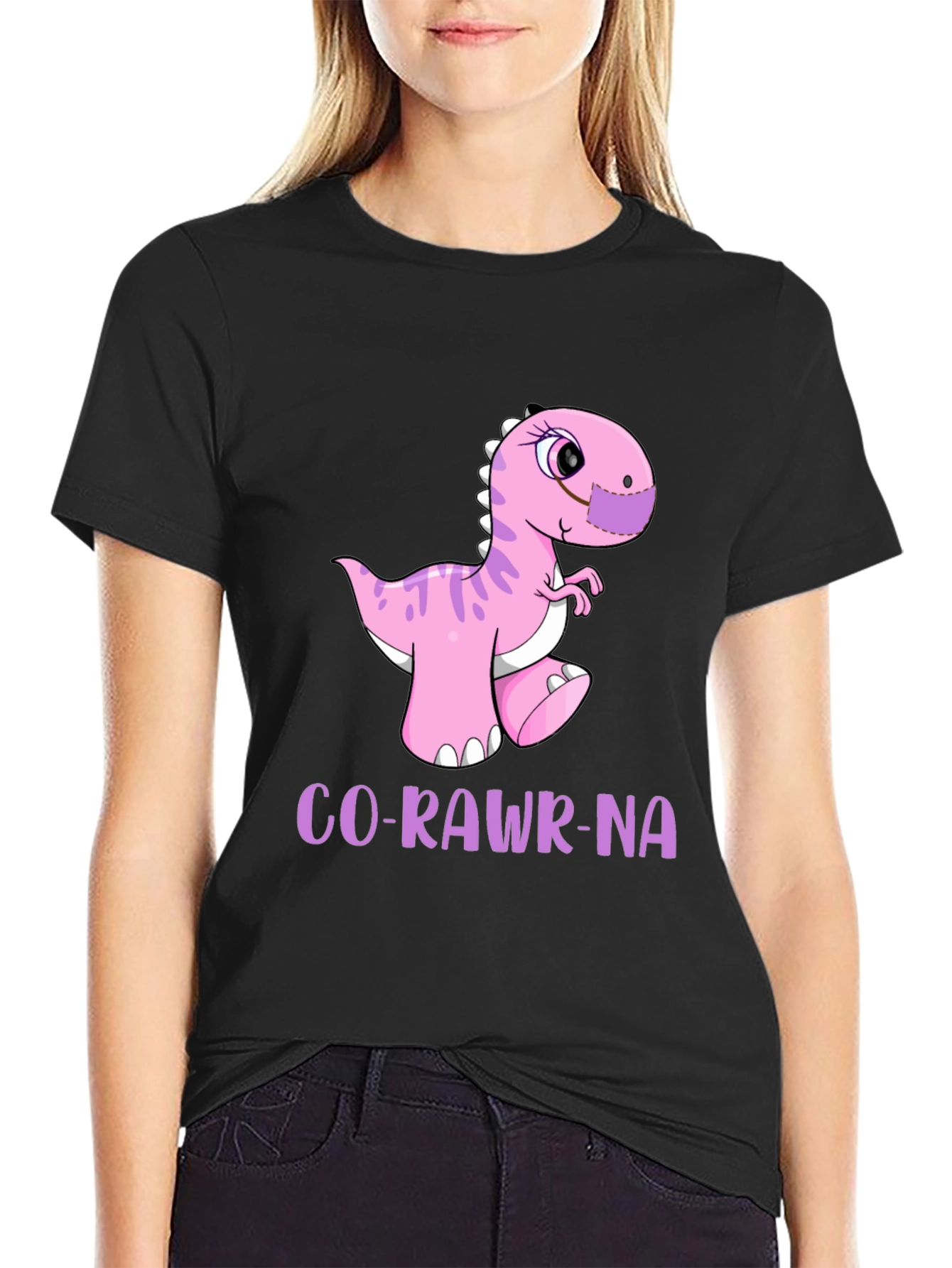 Black Funny Dinosaur Co-Rawr-Na T-Shirt view 2