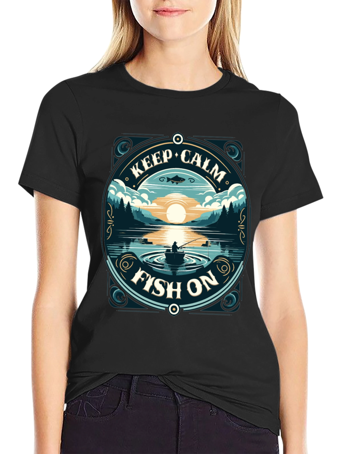 Black Keep Calm Fish On T-Shirt view 2