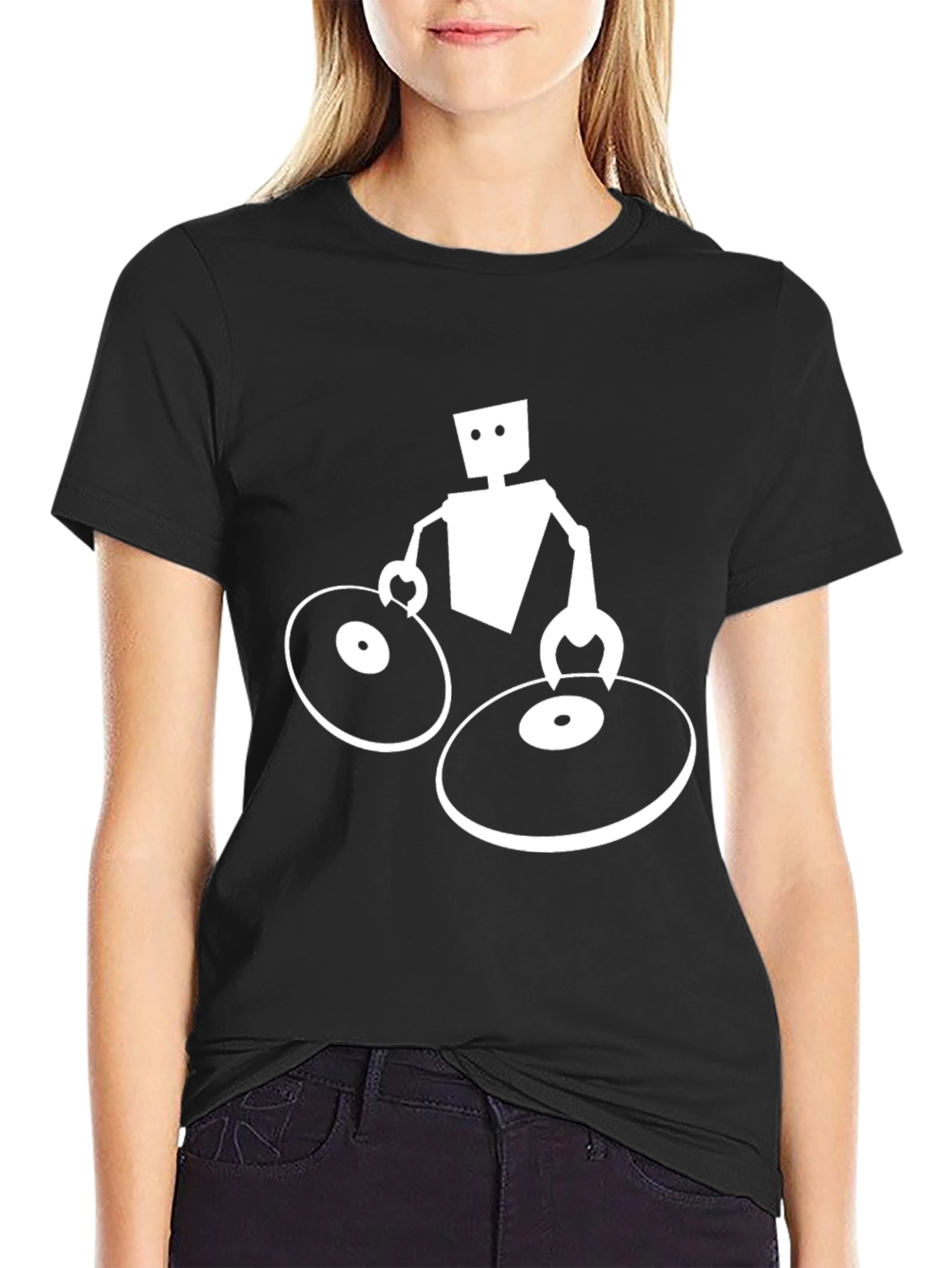 Black DJ Robot Graphic Tee - Black Cotton T-Shirt view 2