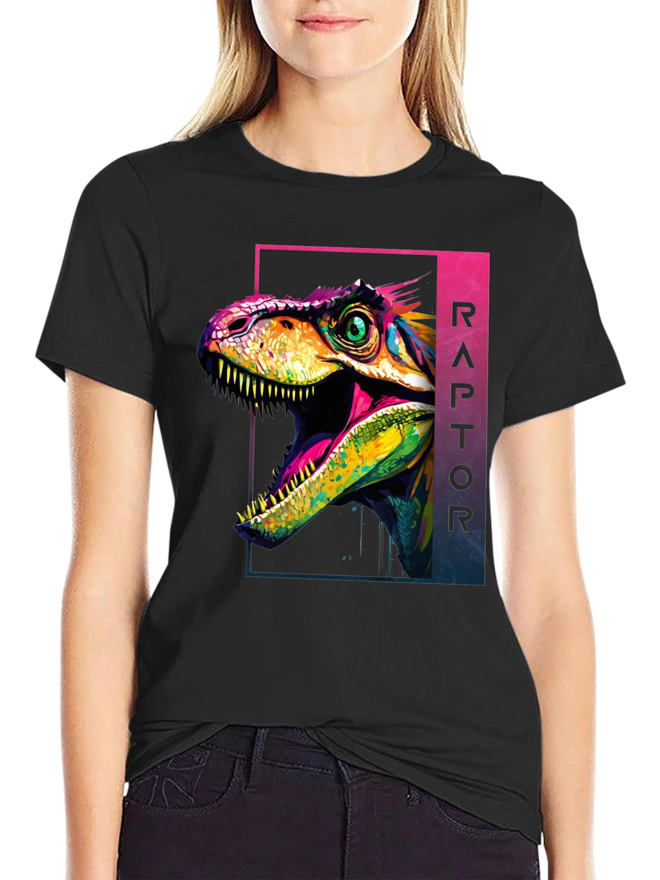 Black Vibrant Raptor Graphic Tee - Bold Dinosaur Design view 2