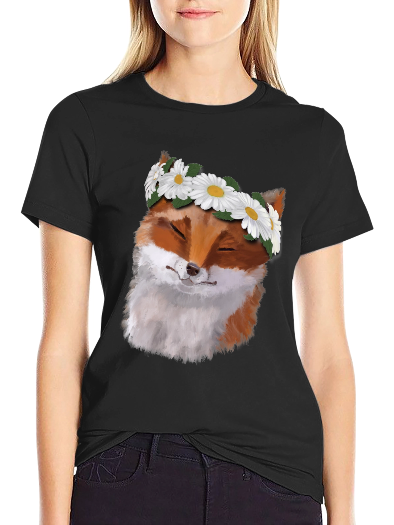 Black Fox with Daisy Crown Black T-Shirt - Unique Graphic Tee view 2