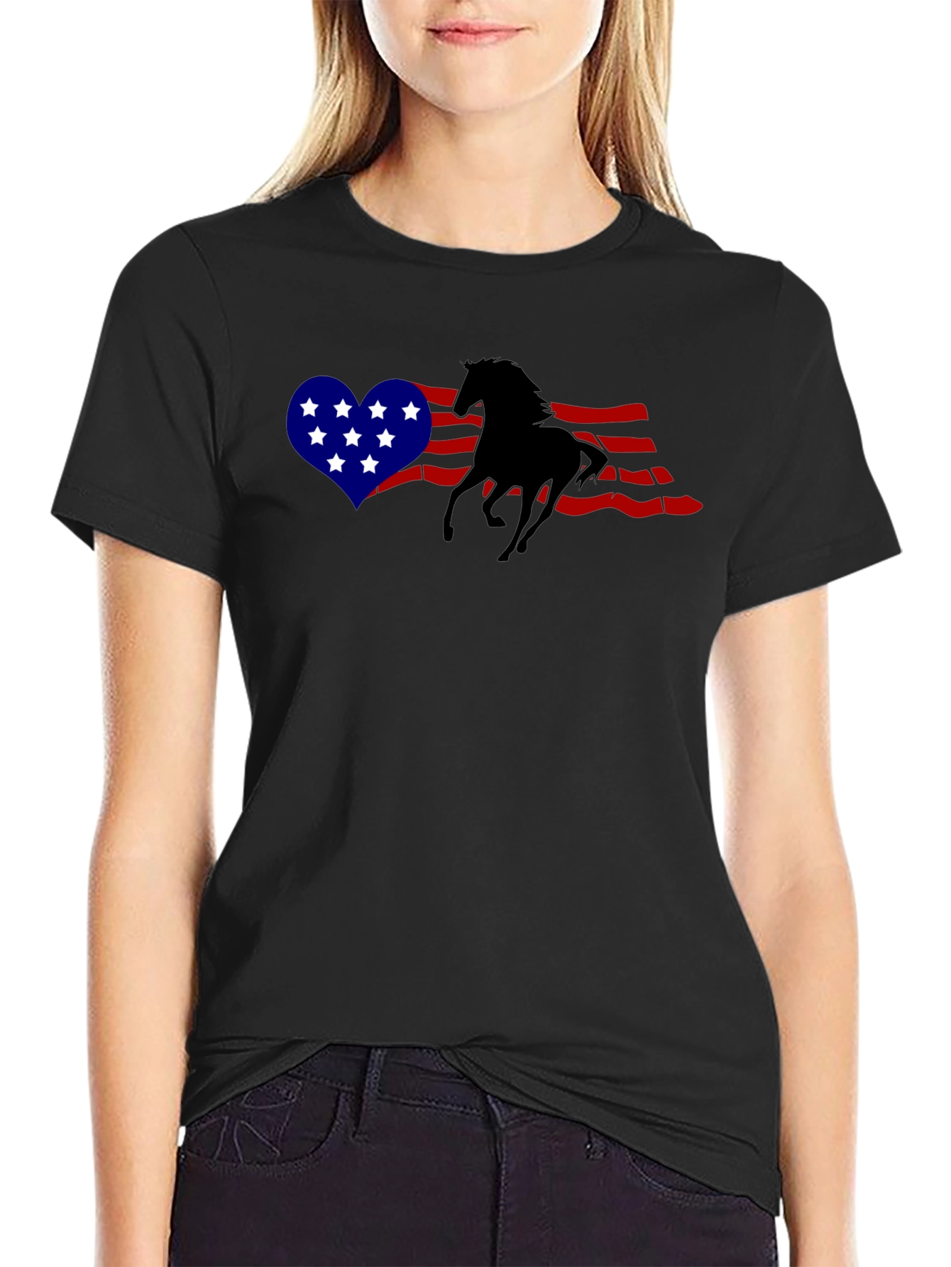 Black American Flag Horse Graphic T-Shirt view 2
