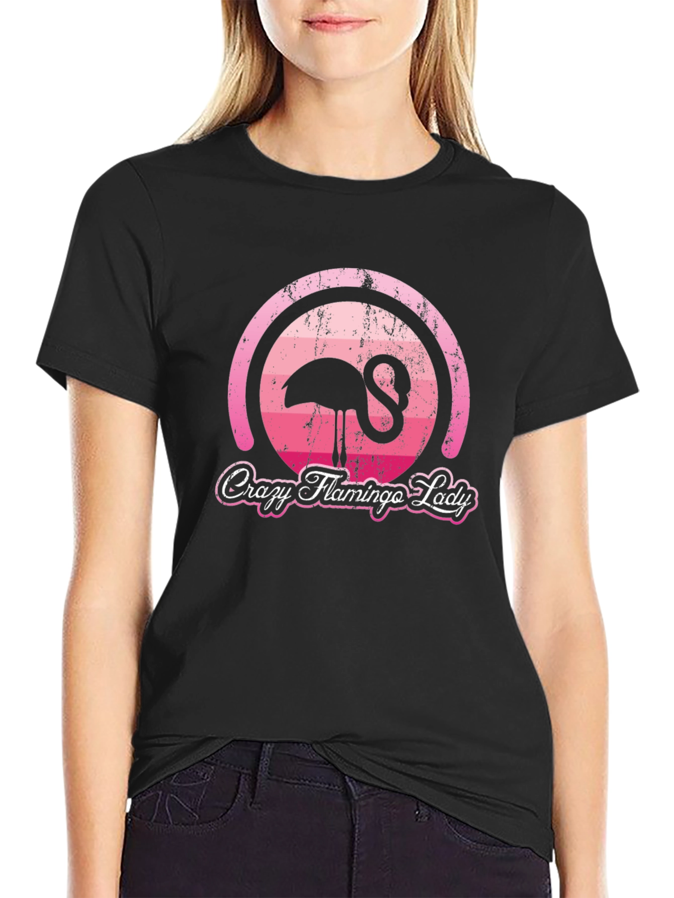Black Crazy Flamingo Lady Graphic T-Shirt view 2
