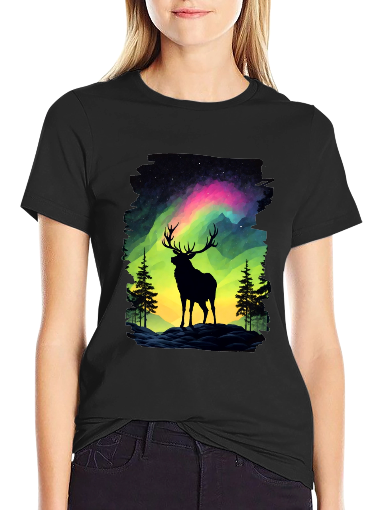 Black Aurora Deer Graphic Tee - Nature Inspired Design view 2