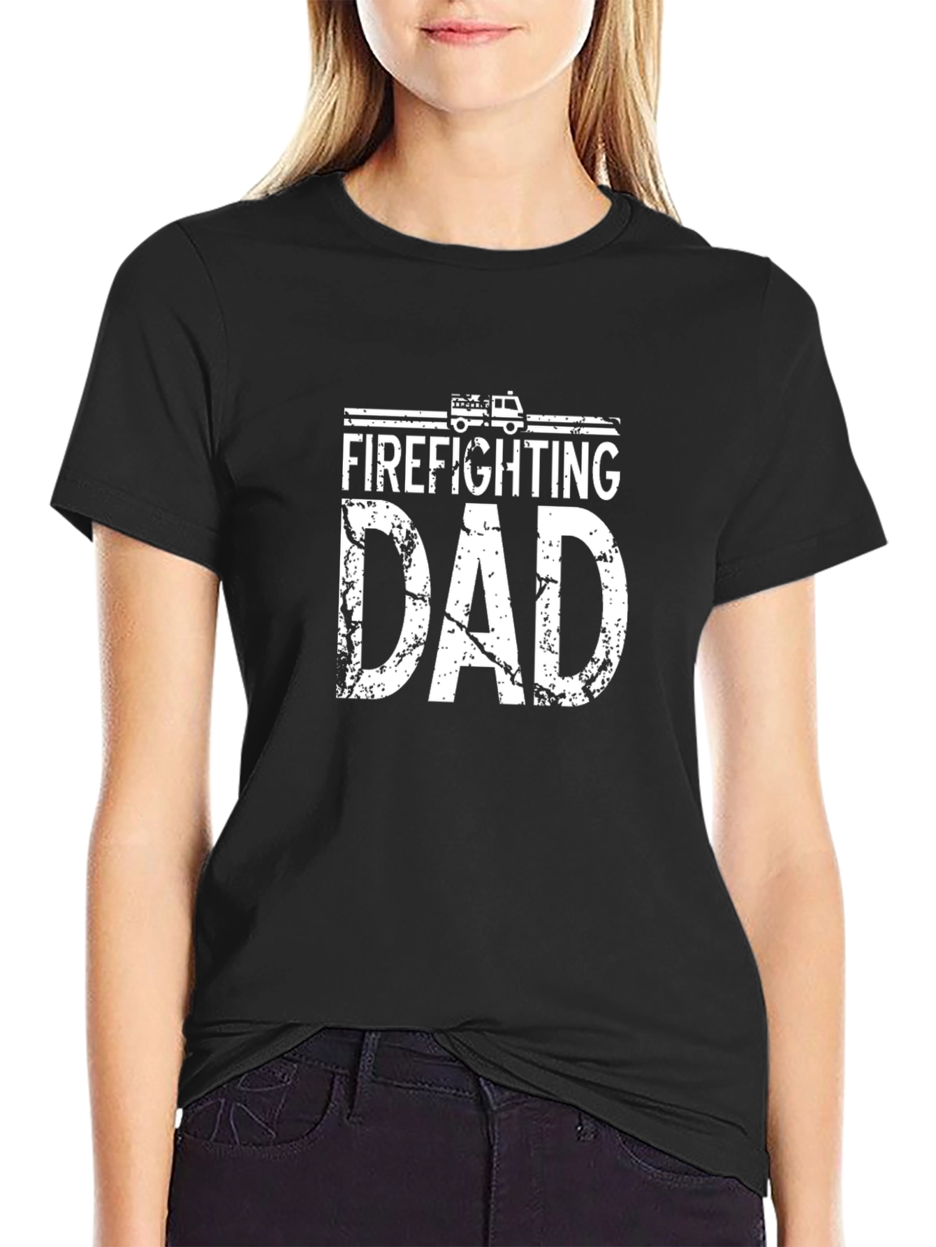Black Firefighting Dad T-Shirt - Black Crew Neck Tee view 2