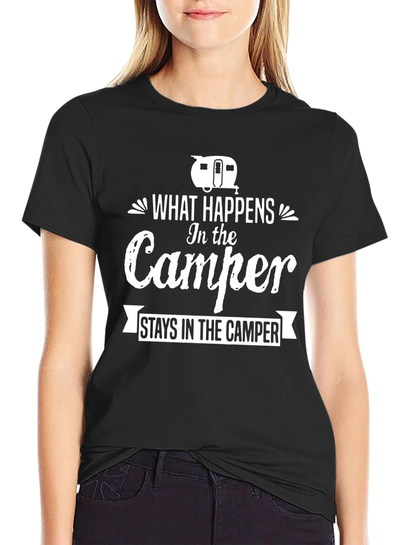Black Camper Graphic T-Shirt - "What Happens In the Camper" view 2