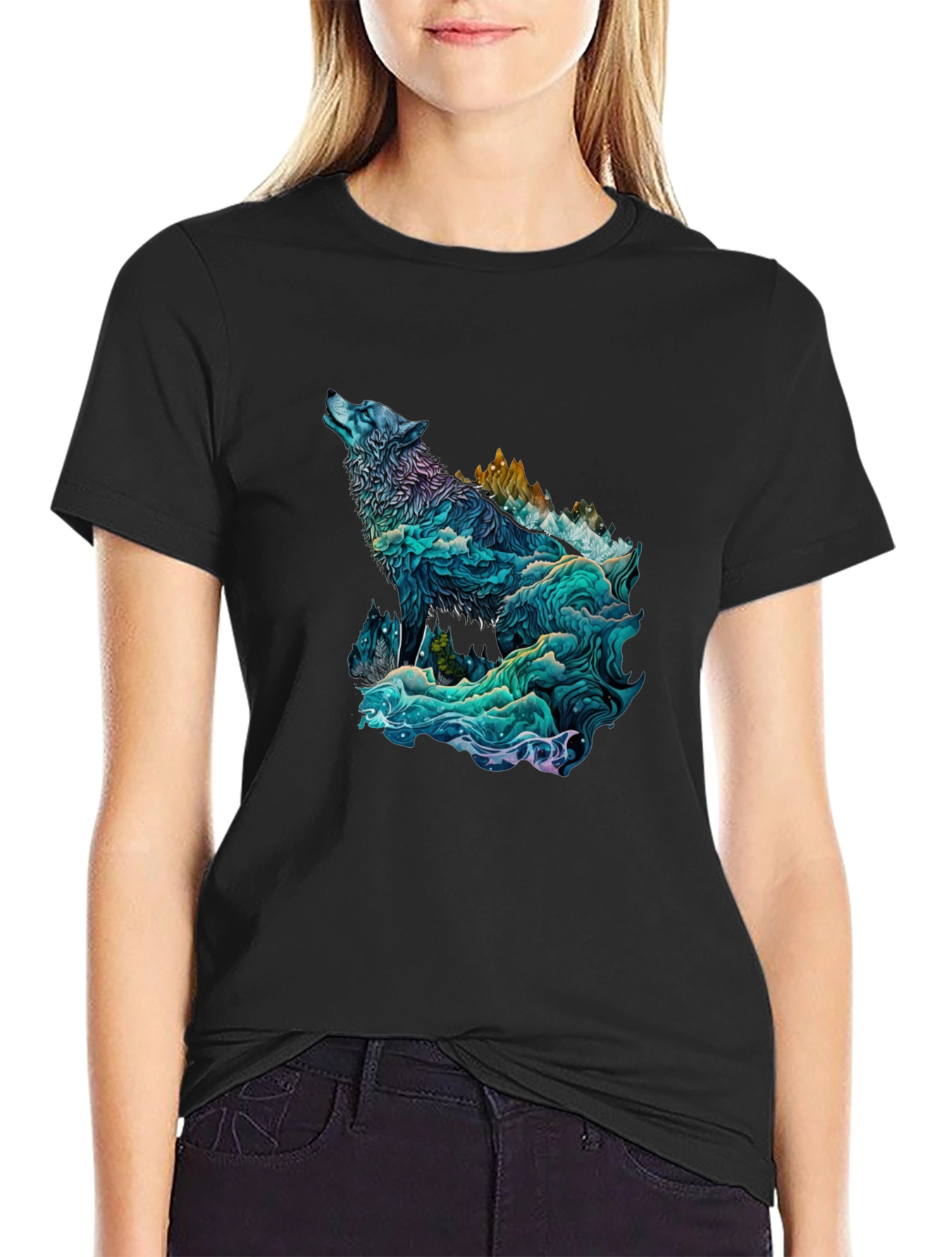 Black Wolf Mountain Graphic Tee - Nature Inspired Black T-Shirt view 2