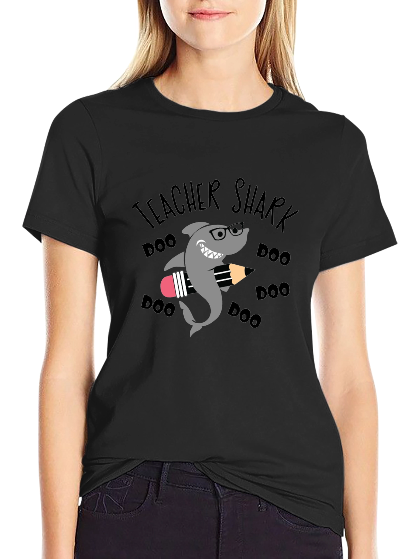 Black Teacher Shark Doo Doo Doo T-Shirt view 2