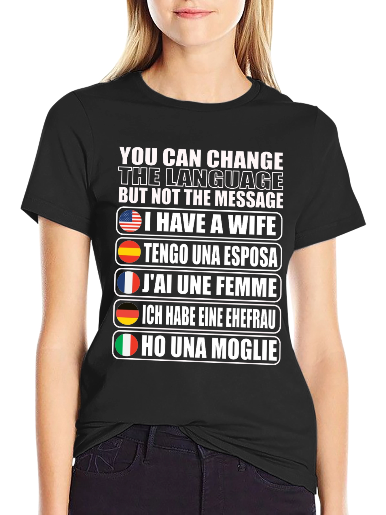 Black Multilingual "I Have a Wife" Graphic T-Shirt view 2