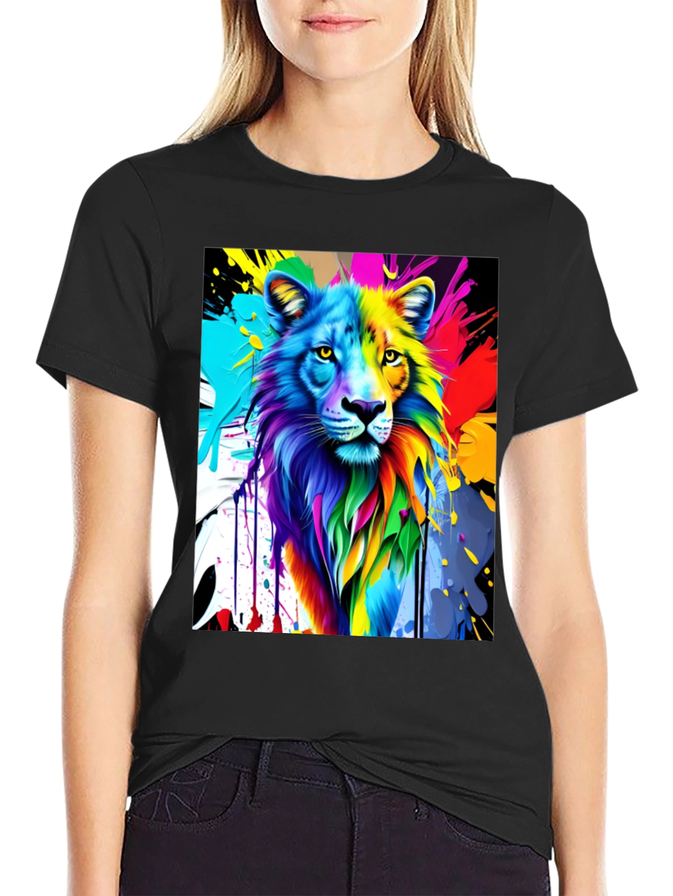 Black Colorful Lion Graphic Black T-Shirt view 2