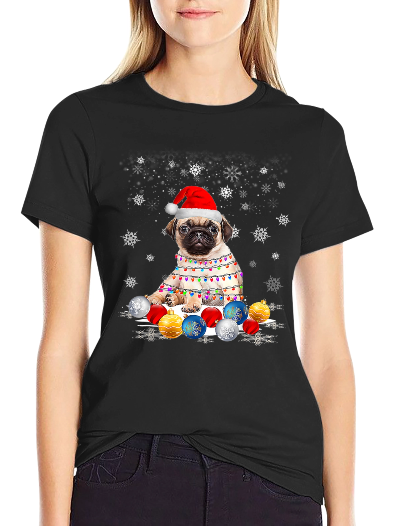 Black Festive Pug Christmas T-Shirt view 2