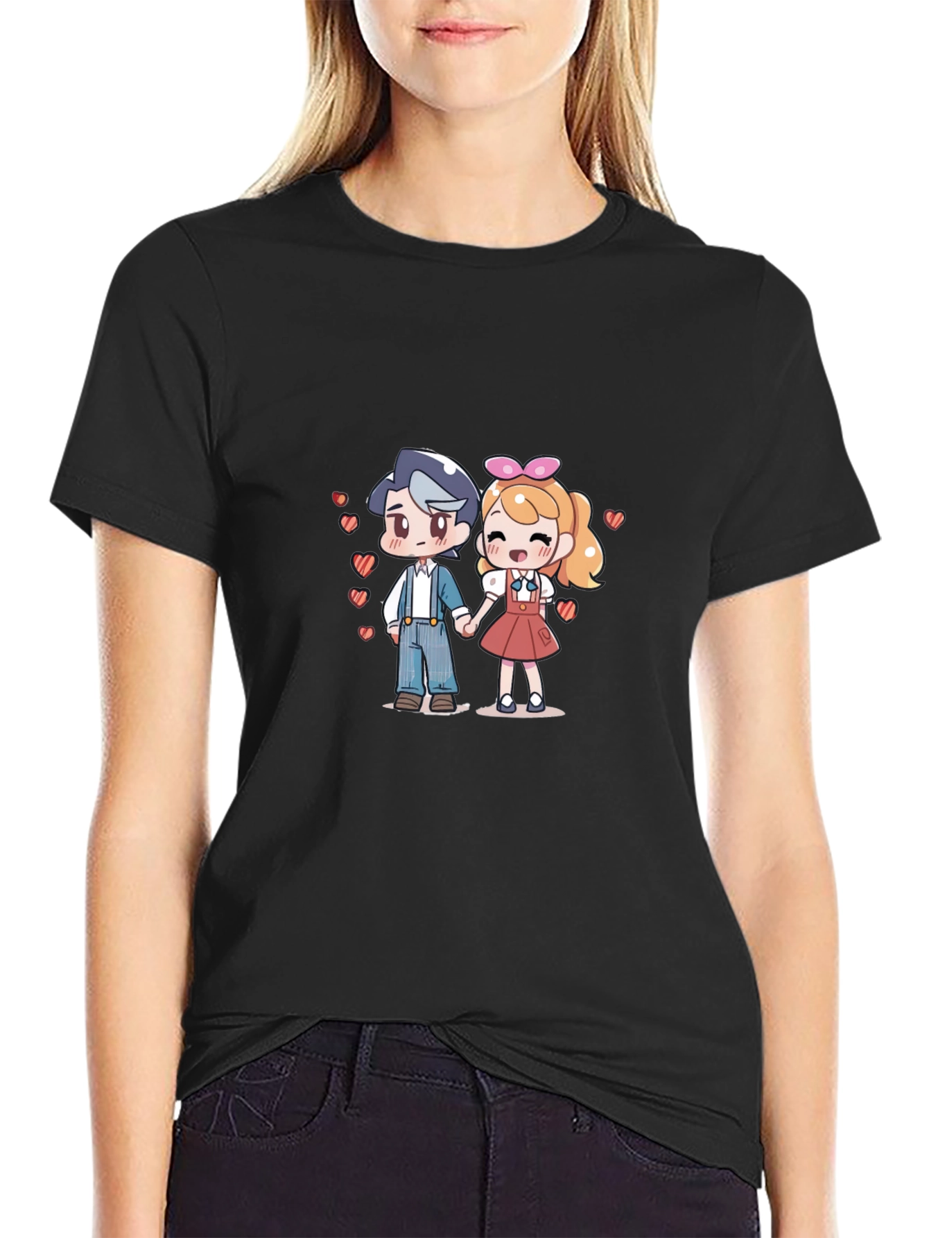 Black Anime Love T-Shirt - Cute Couple Tee view 2