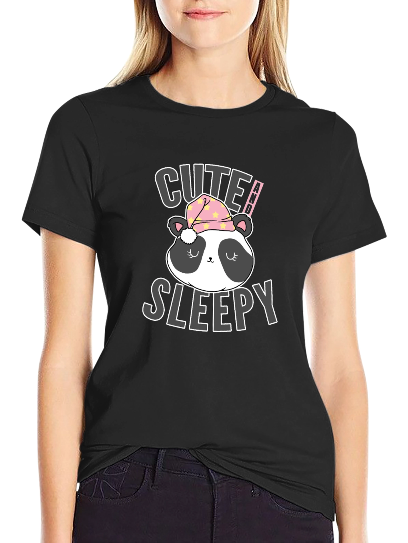 Black Cute Sleepy Panda T-Shirt view 2