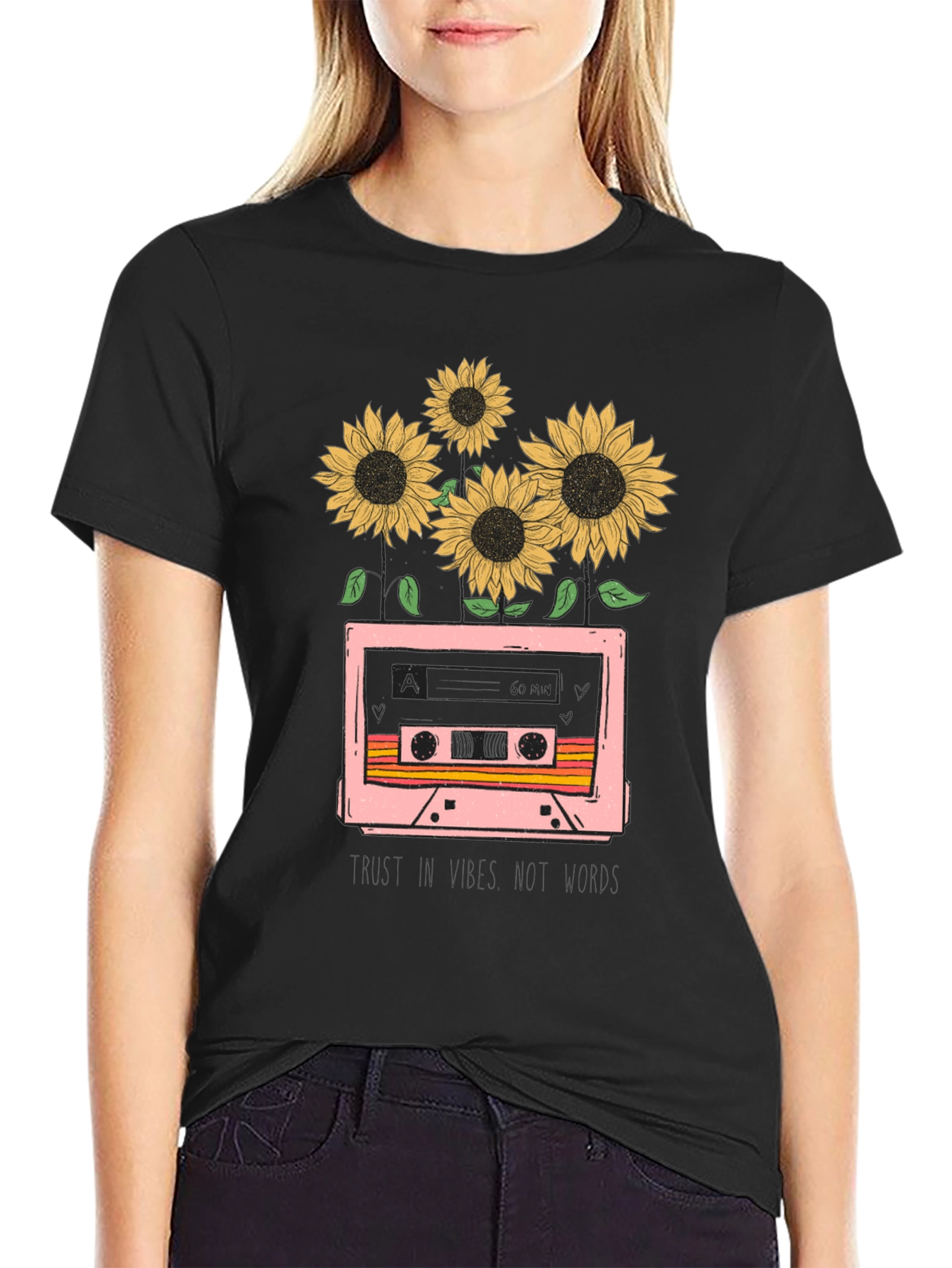 Black Sunflower Cassette Tape Graphic Tee view 2