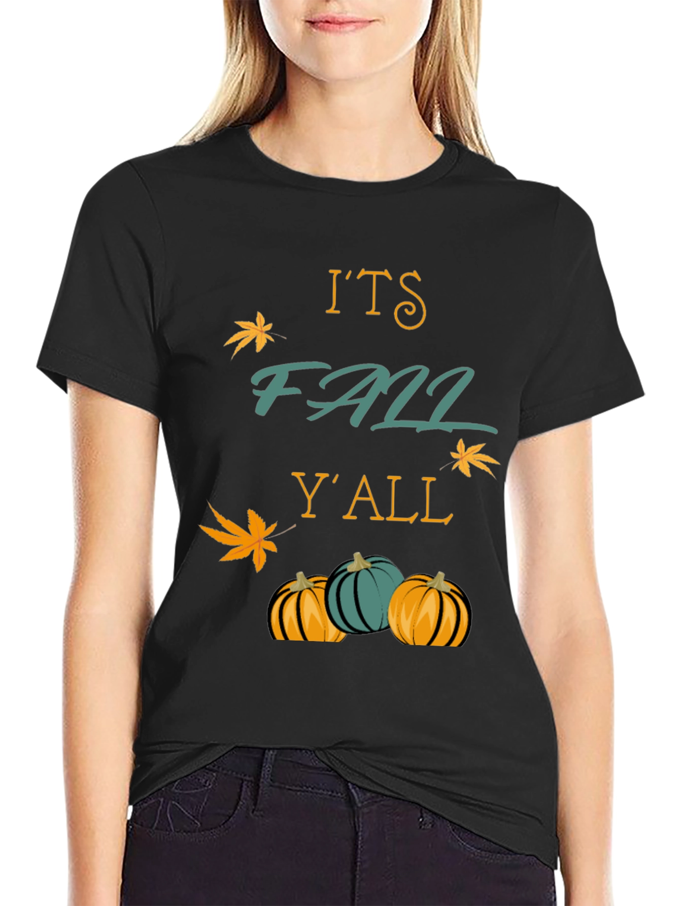 Black It's Fall Y'all T-Shirt Autumn Pumpkins Maple Leaf view 2