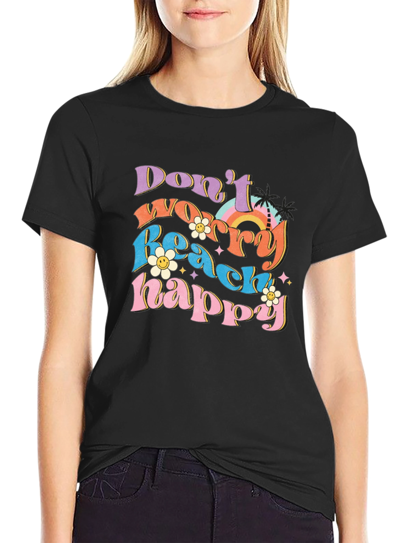 Black Don't Worry Beach Happy Graphic T-Shirt view 2