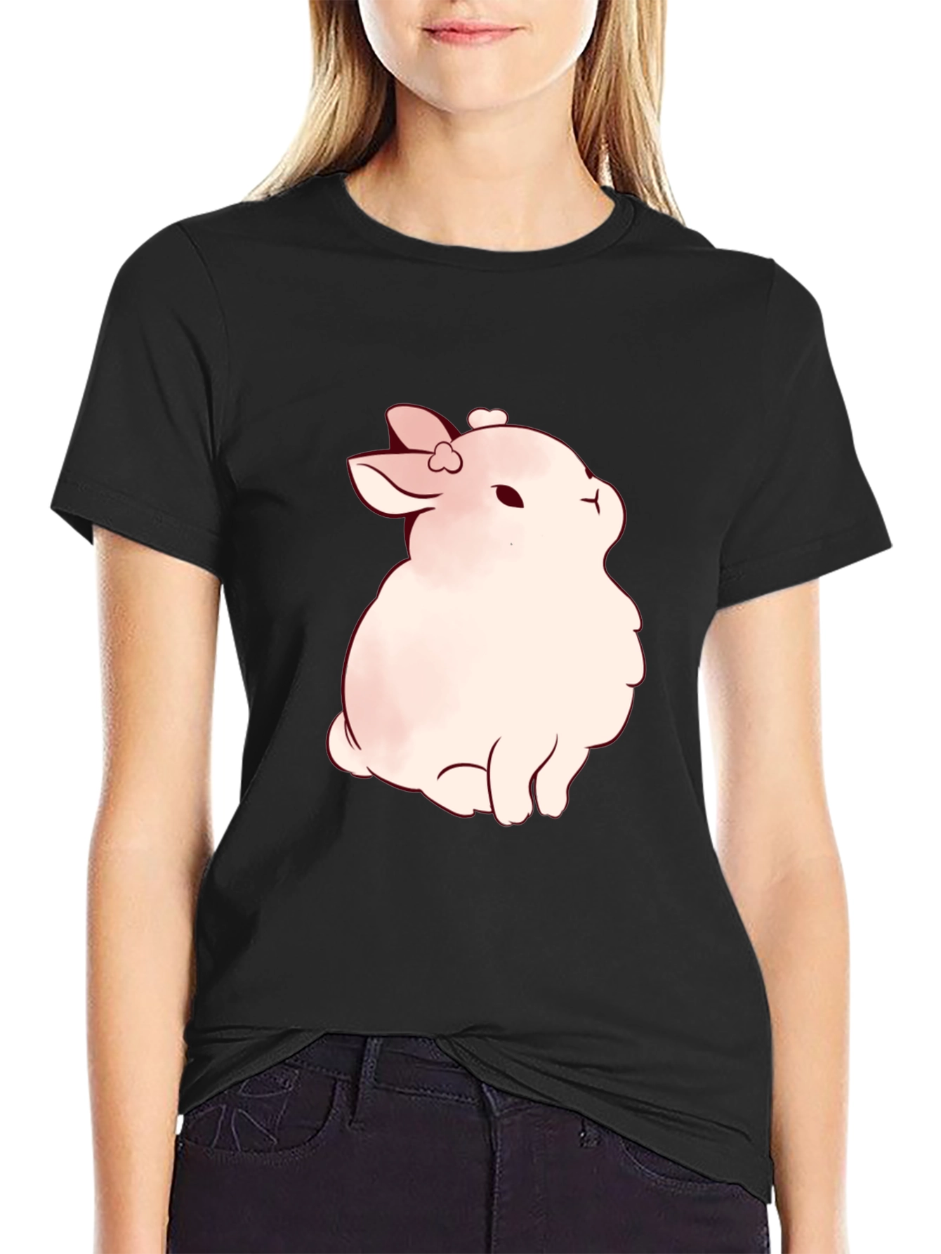 Black Cute Bunny Graphic Black T-Shirt view 2