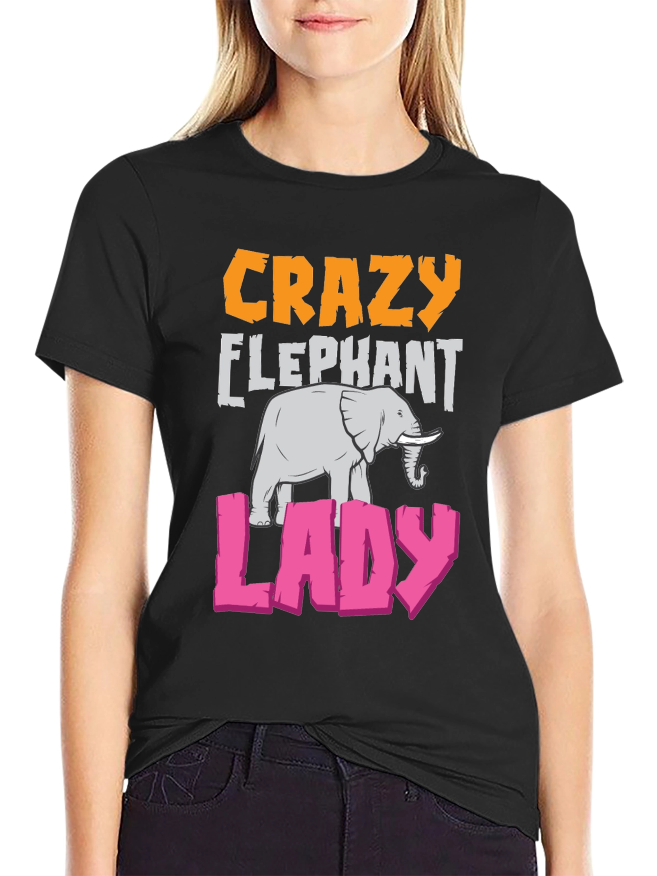 Black Crazy Elephant Lady Graphic T-Shirt view 2