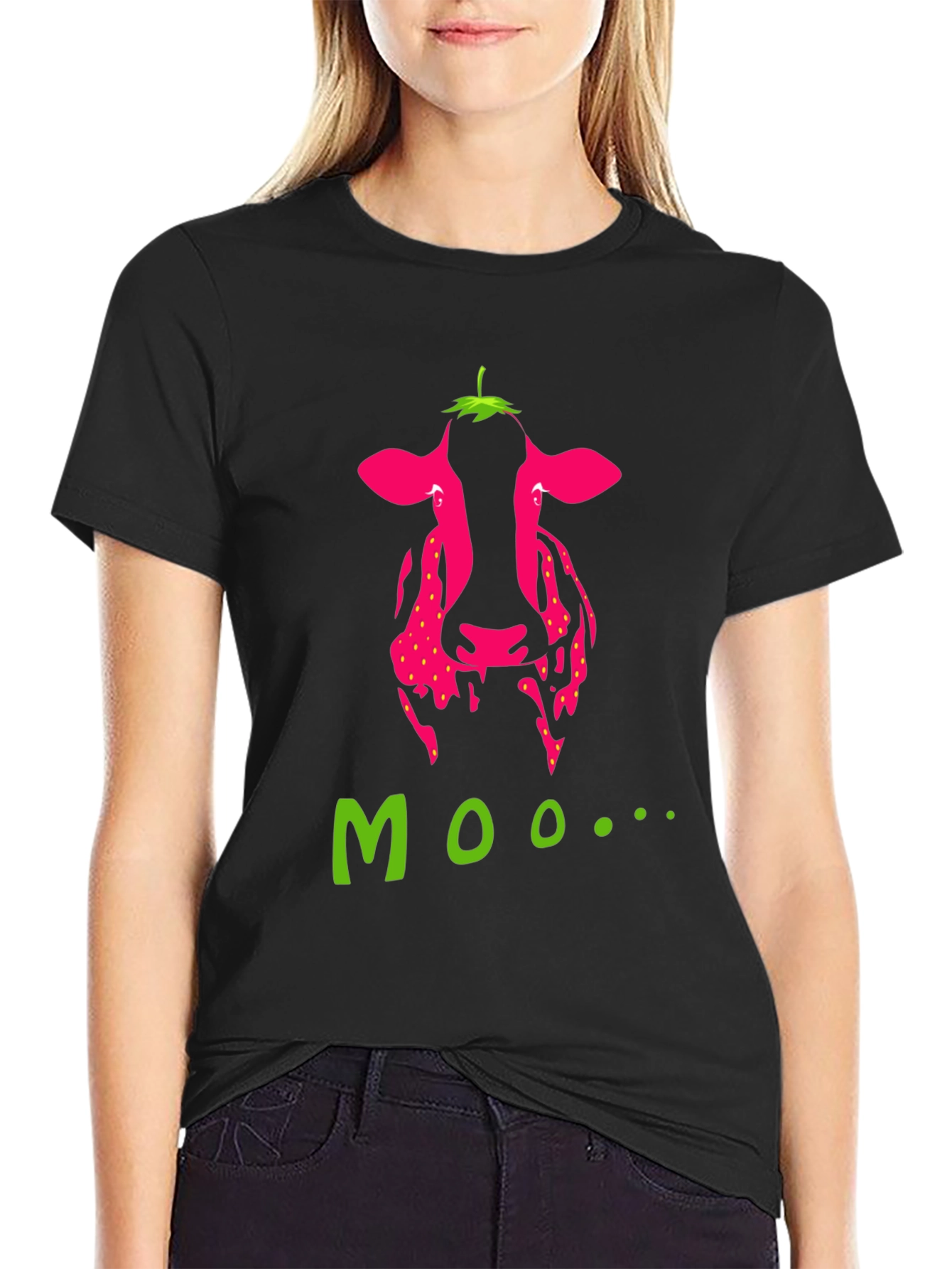 Black Strawberry Cow Moo Graphic T-Shirt - Novelty Tee view 2