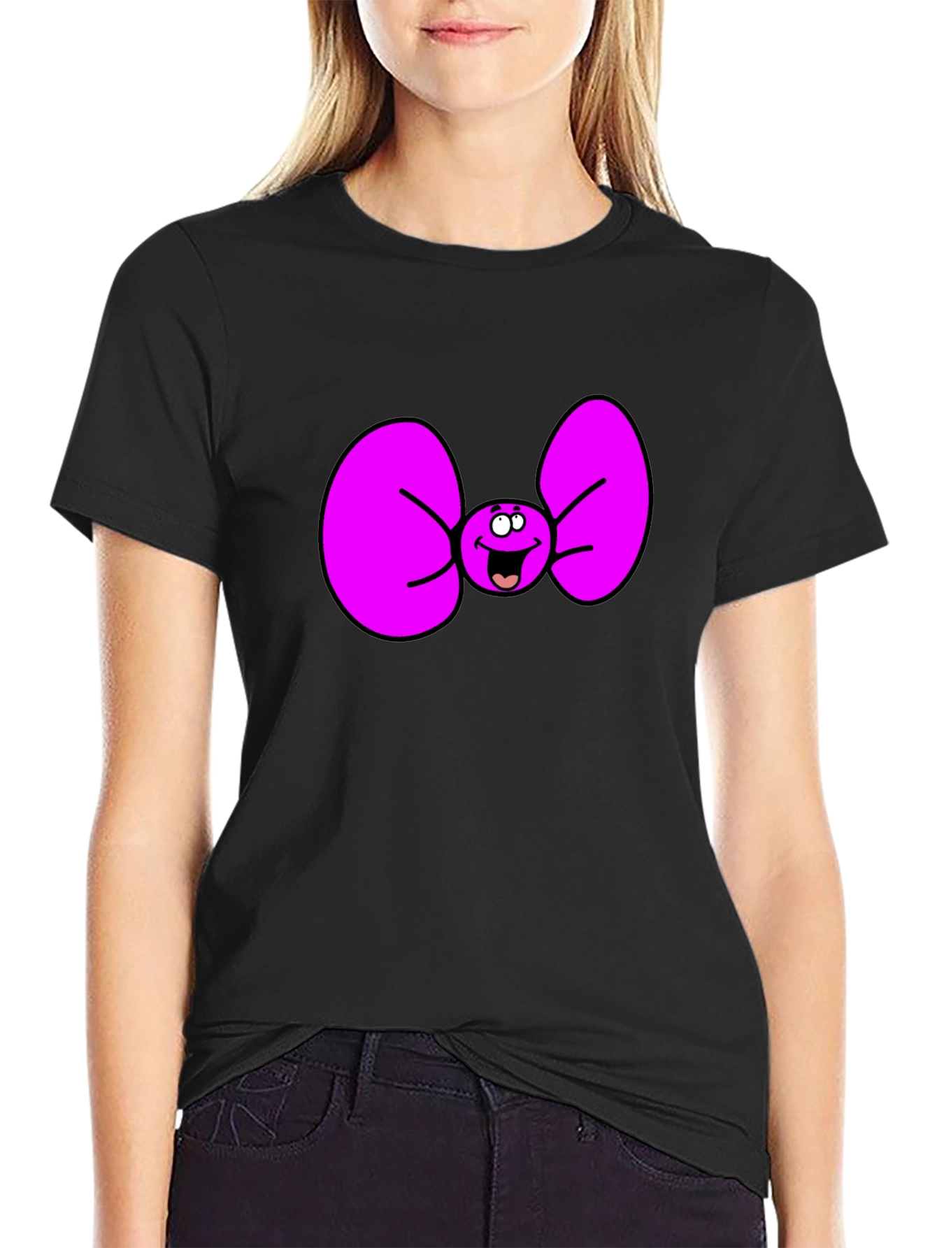 Black Funny Cartoon Bow Tie Graphic Tee view 2
