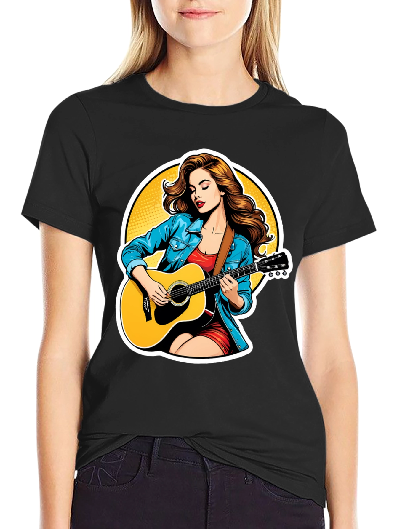 Black Guitar Girl Graphic Tee - Cool Casual Style view 2