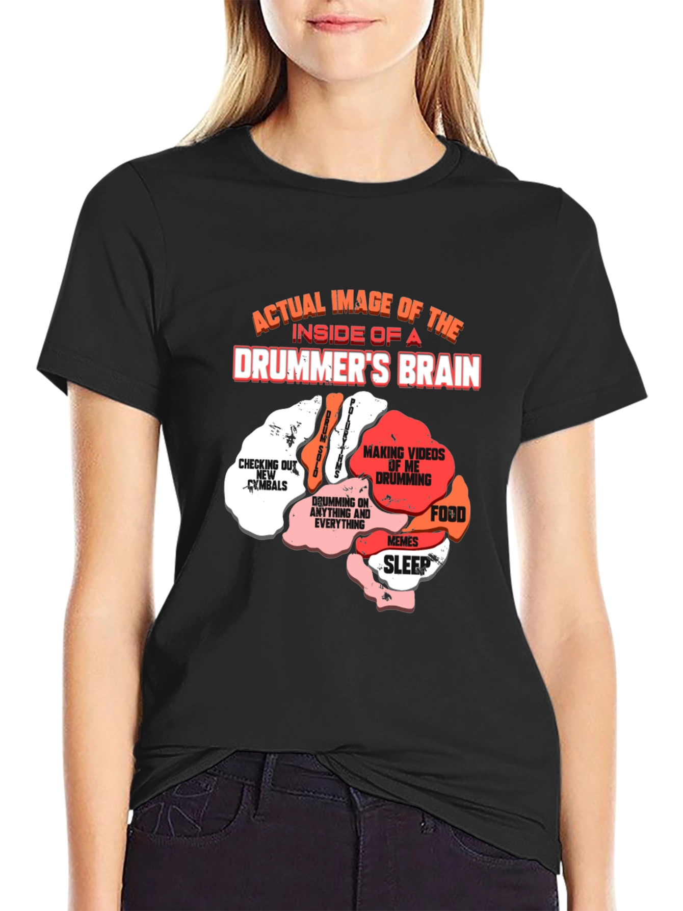 Black Drummer's Brain T-Shirt - Funny Music Tee view 2