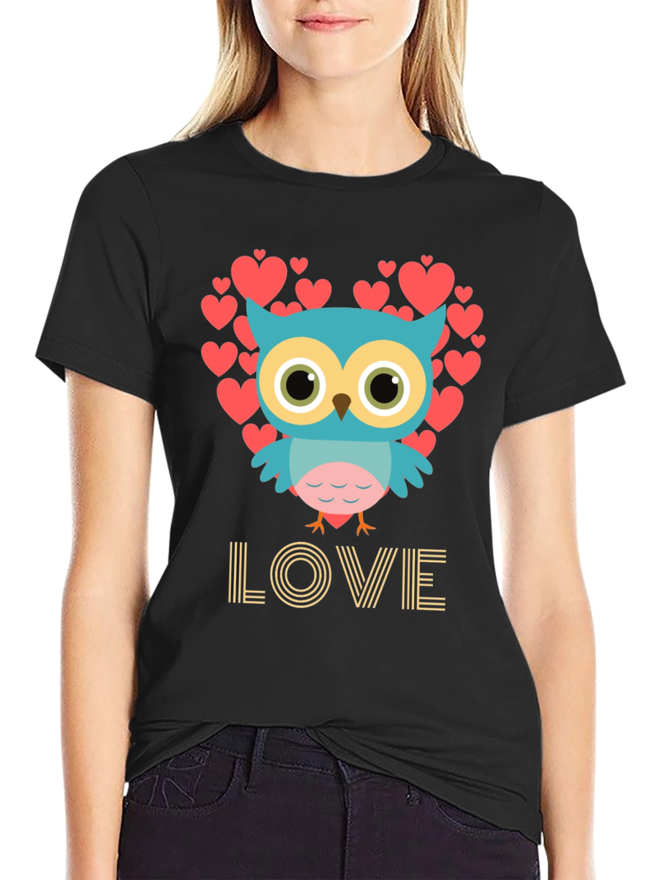 Black Owl Love T-Shirt, Heart Design view 2
