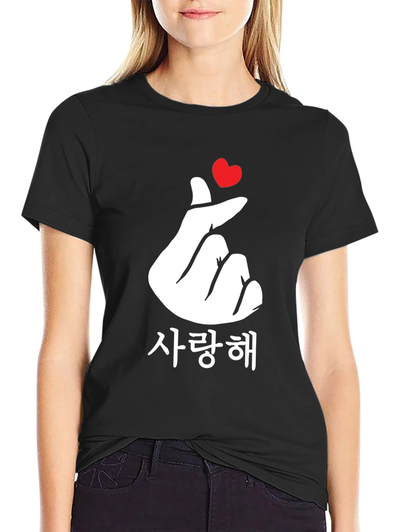 Black Korean Finger Heart Love T-Shirt - Black view 2