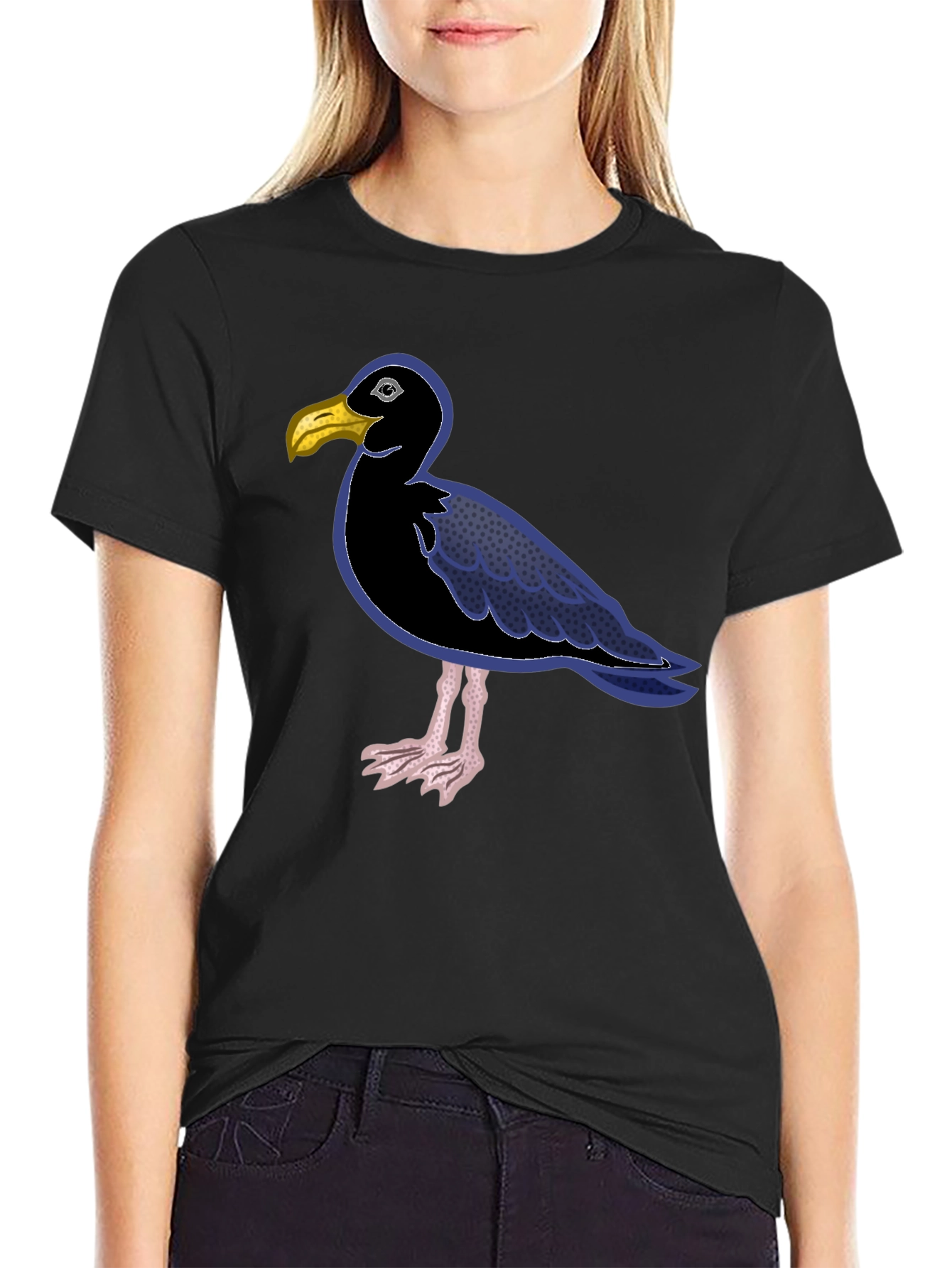 Black Black T-Shirt with Cartoon Seagull Design view 2
