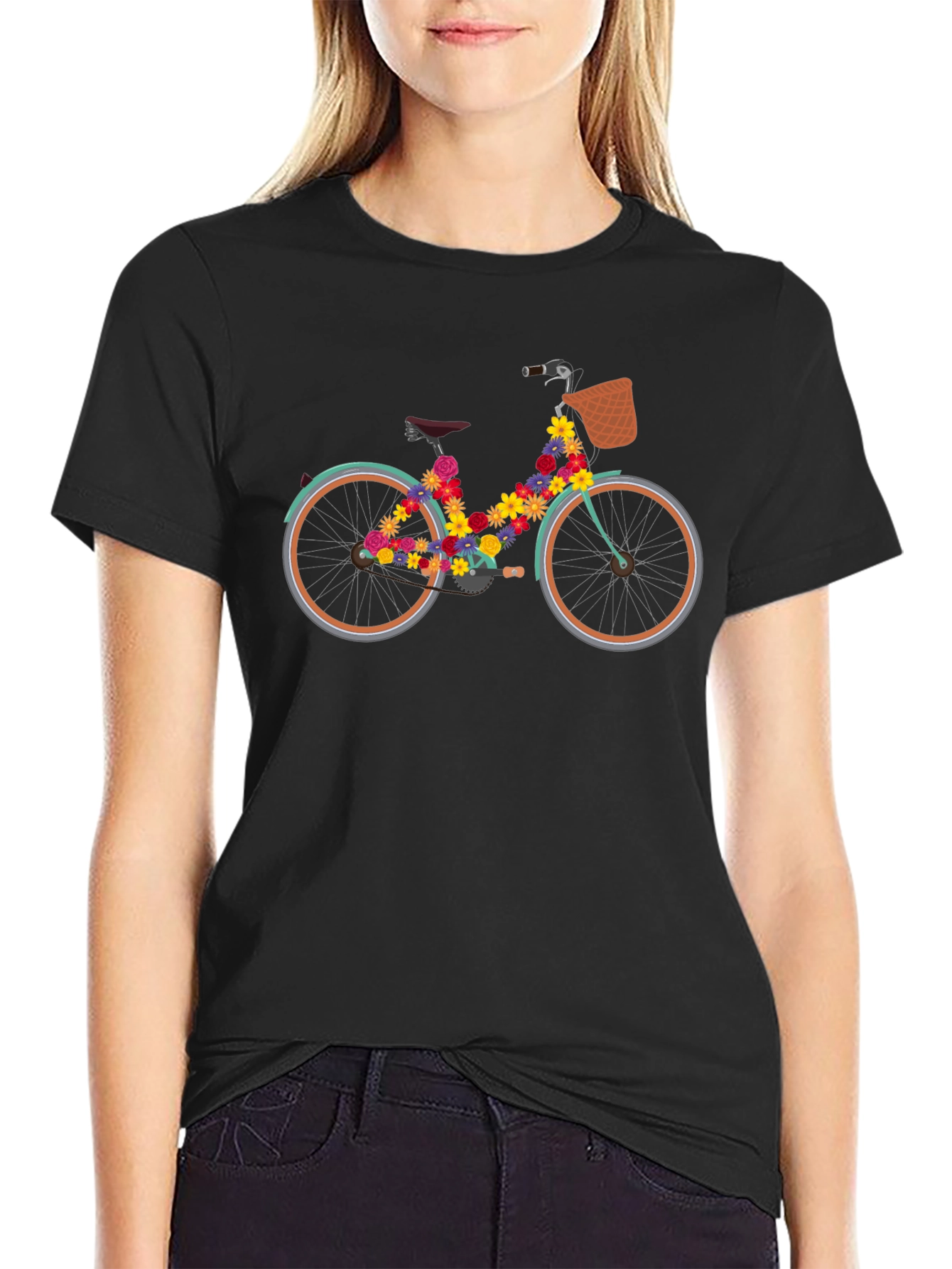 Black Floral Bicycle Graphic Tee - Stylish Black T-Shirt view 2