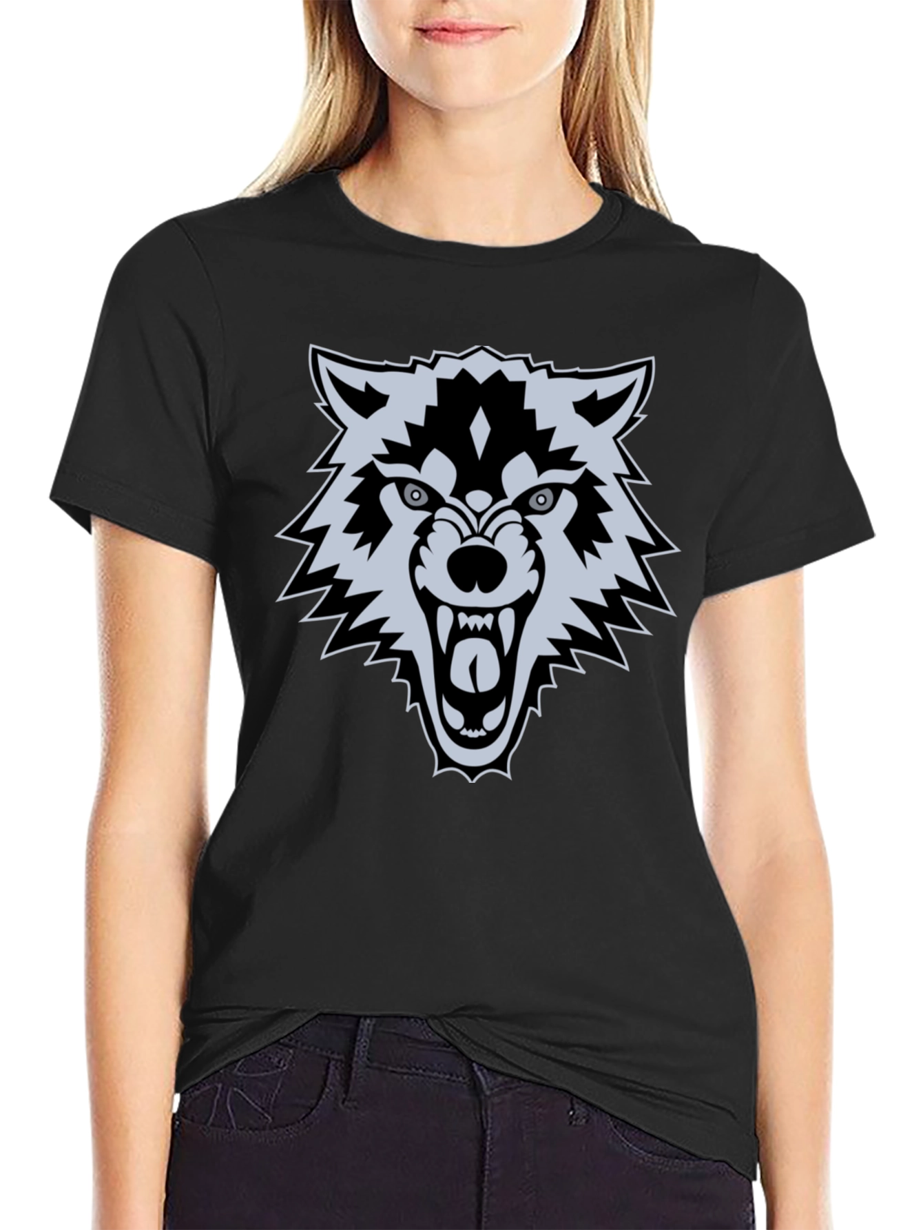 Black Men's Black Wolf Graphic T-Shirt view 2